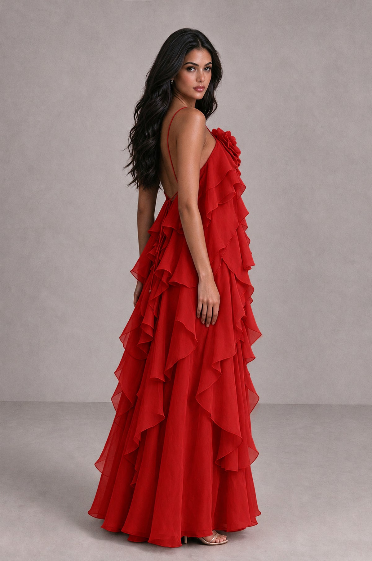 BOLODOO Red Cascading Ruffle Rosette Open-Back Maxi Dress - Red - Red_3