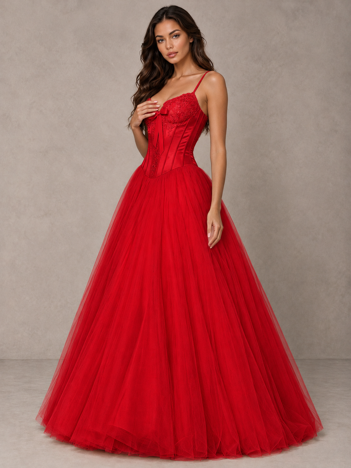 BOLODOO Red Corset Tulle Prom Dress with Spaghetti Straps - Red - Red_3
