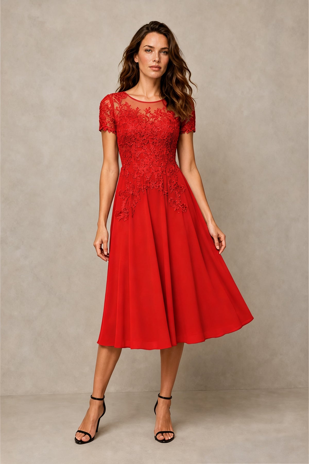 BOLODOO Steel Red Beaded Lace Illusion Bodice Chiffon Tea-Length Dress | Mother of the Bride & Cocktail Party - Red