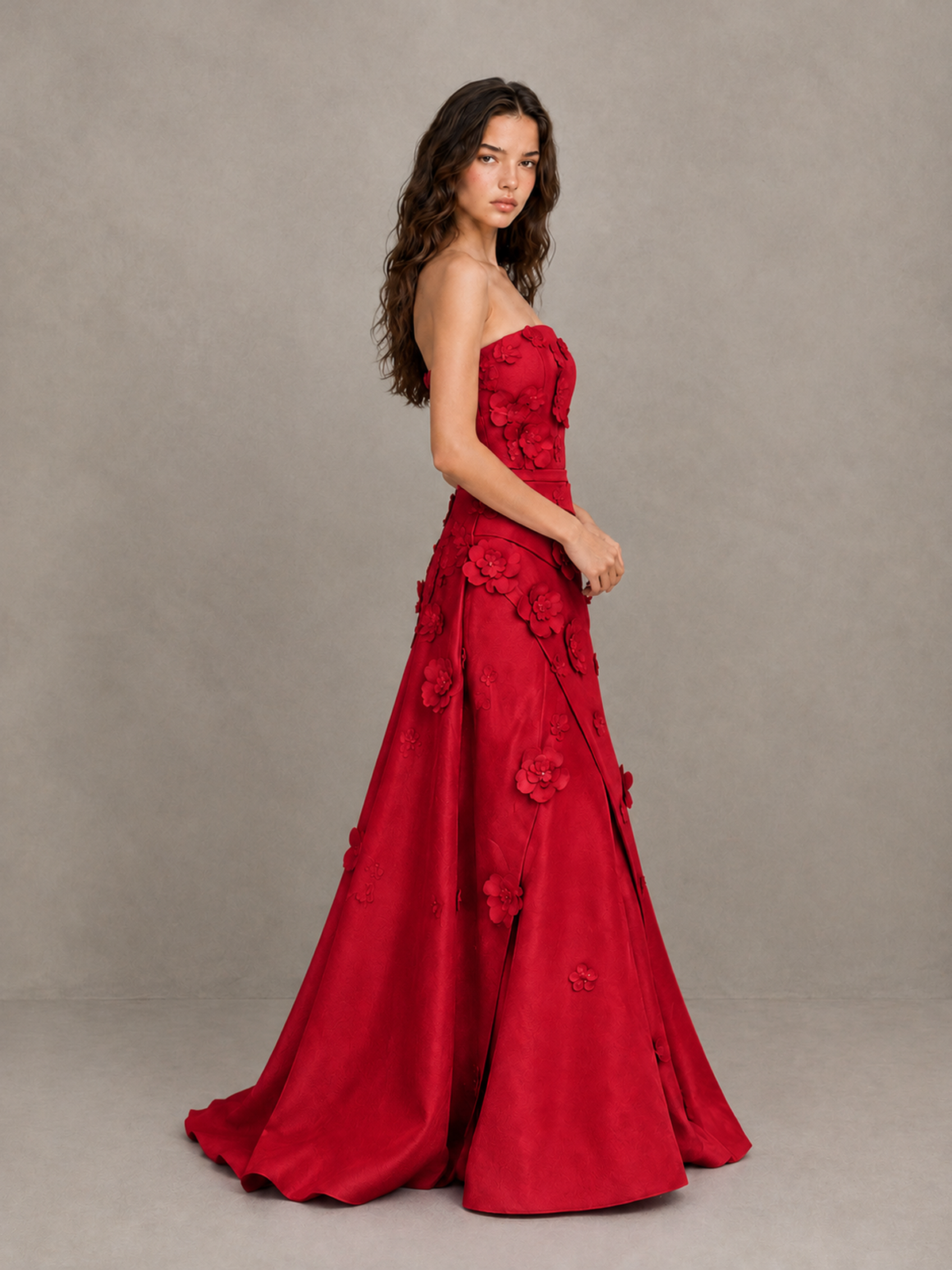 BOLODOO Red Strapless 3D Floral Applique Prom Gown with Draped Skirt - Red - Red(3)