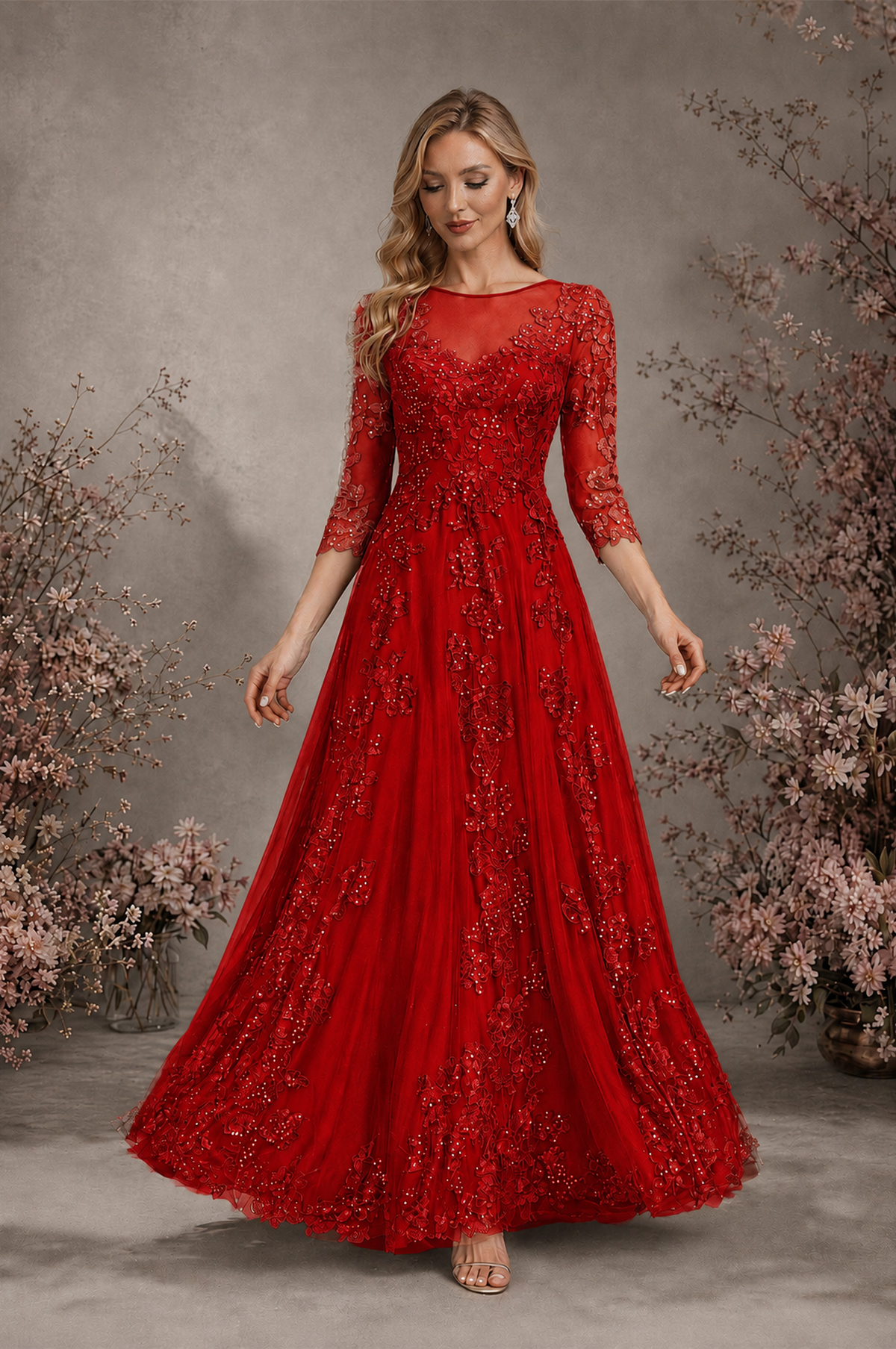 BOLODOO Red Sequin Lace 3/4 Sleeve Open Back Formal Evening Gown - Red