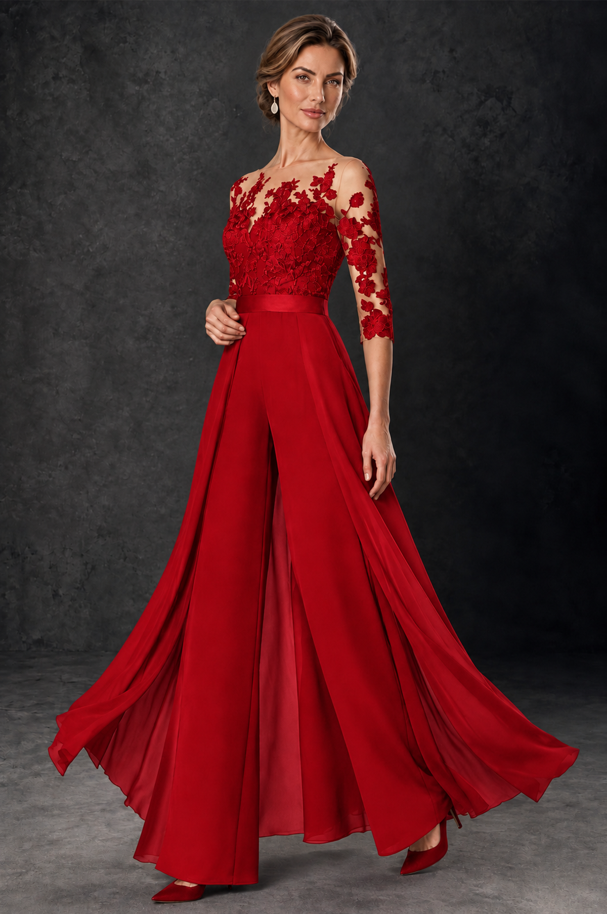 BOLODOO Red Lace Wide-Leg Jumpsuit with Three-Quarter Sleeves - Red - Red_3