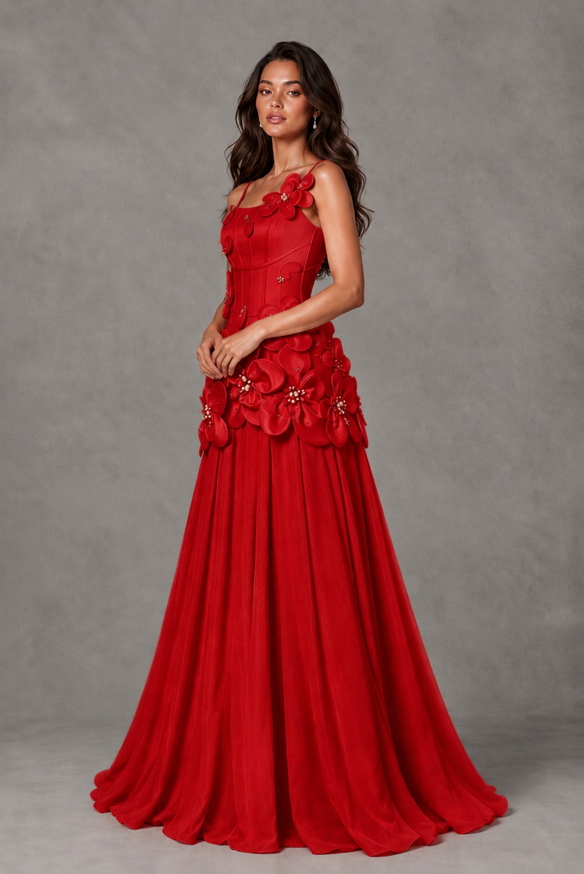BOLODOO Red 3D Floral Appliqué Floor-Length A-Line Evening Gown - Red