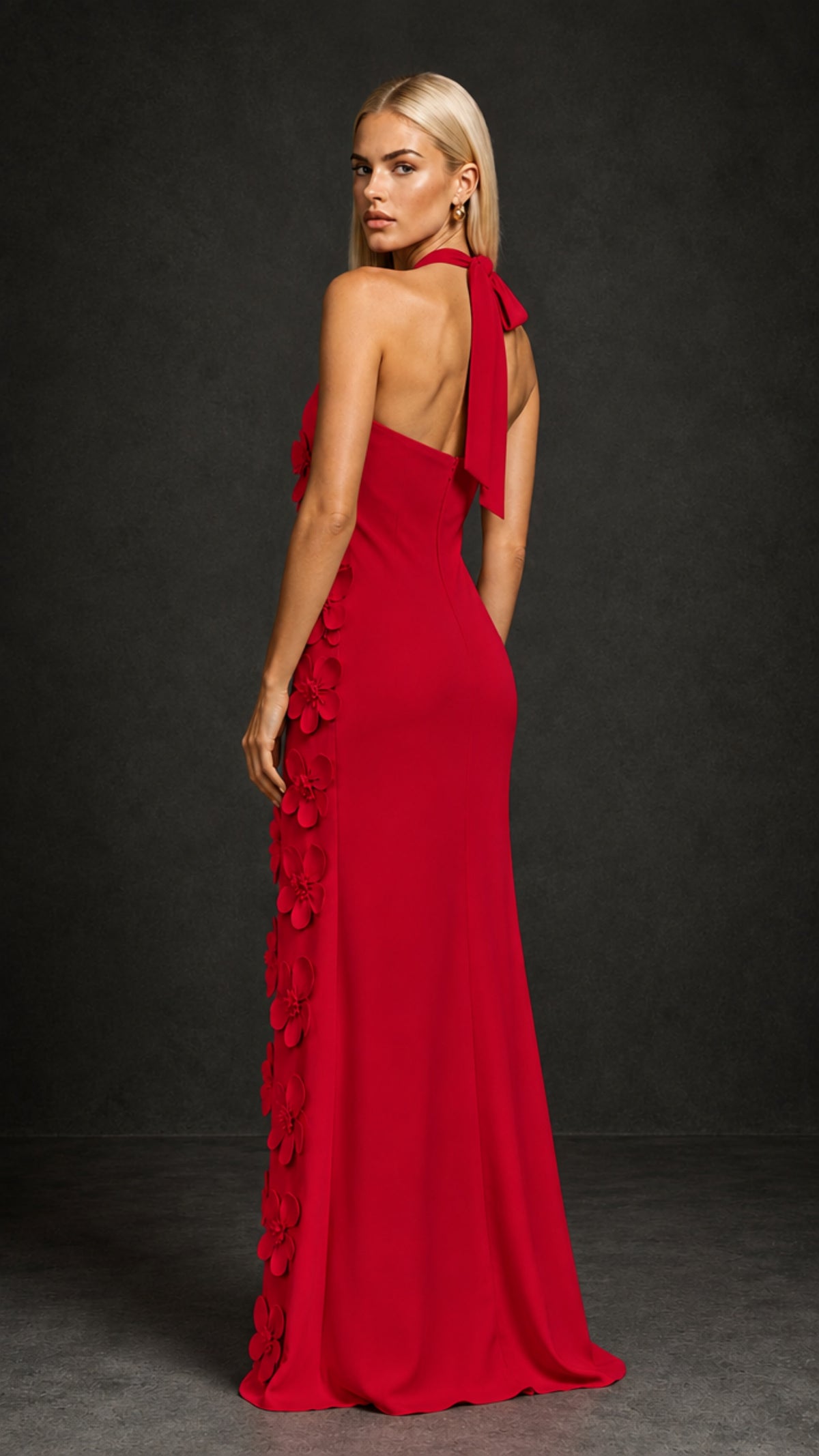 BOLODOO Red Cross Halter Neck 3D Floral Appliqué Backless Mermaid Maxi Gown - Red