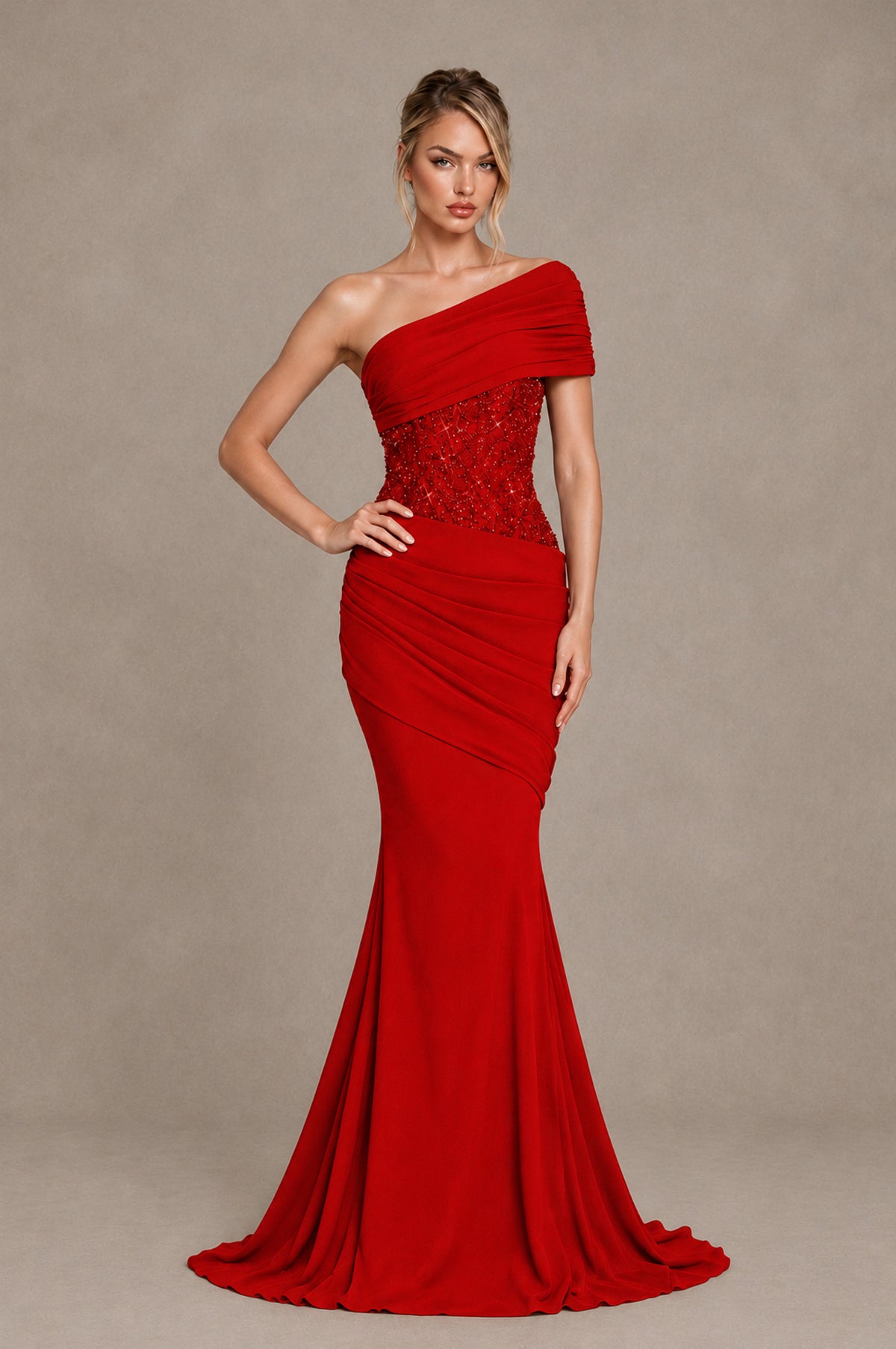 BOLODOO Red One-Shoulder Sequin Embroidered Ruched Mermaid Gown with Train - Red - Red_3