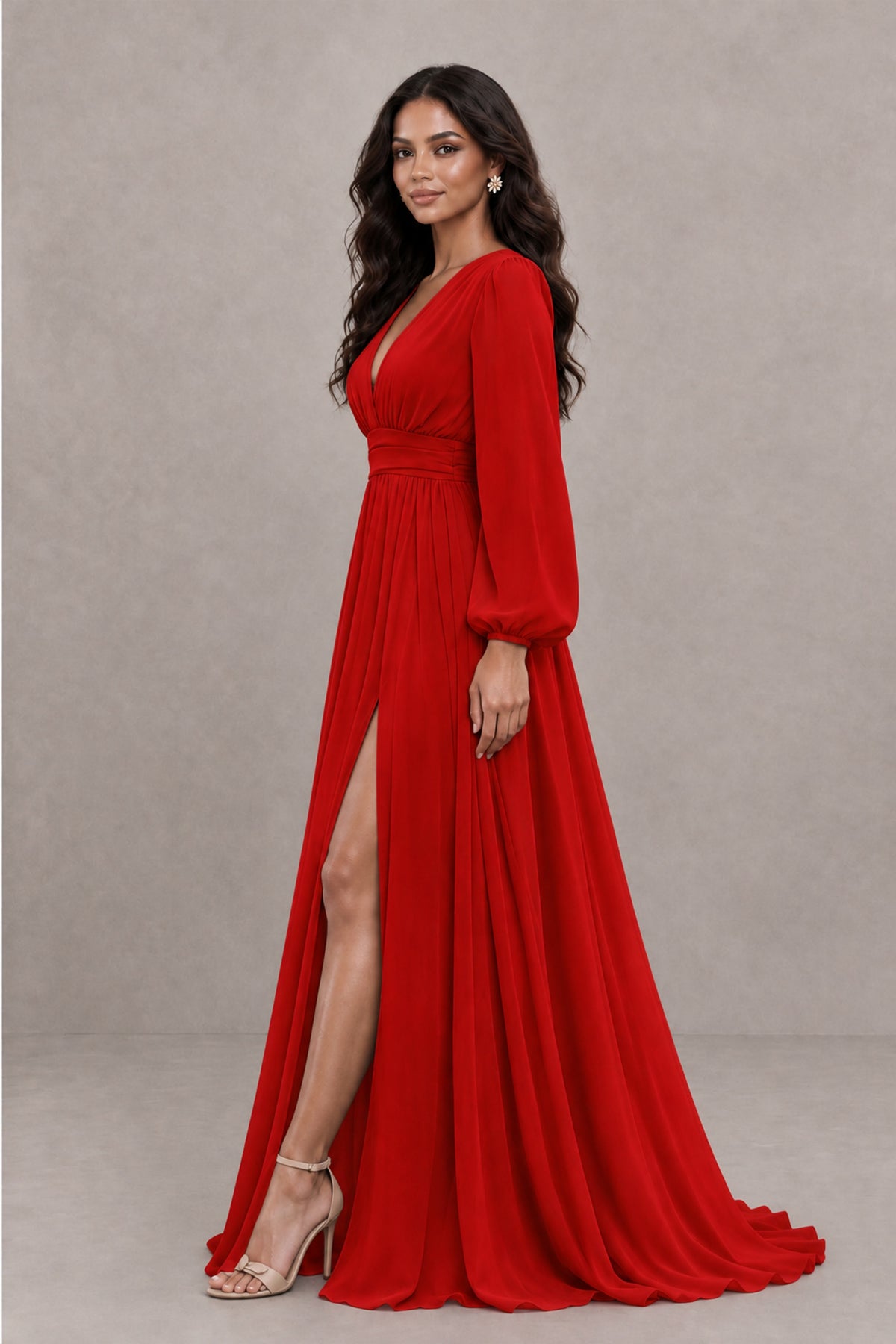 BOLODOO Red Long Sleeve V-Neck A-Line Gown with Open Back & Slit - Red - Red_3