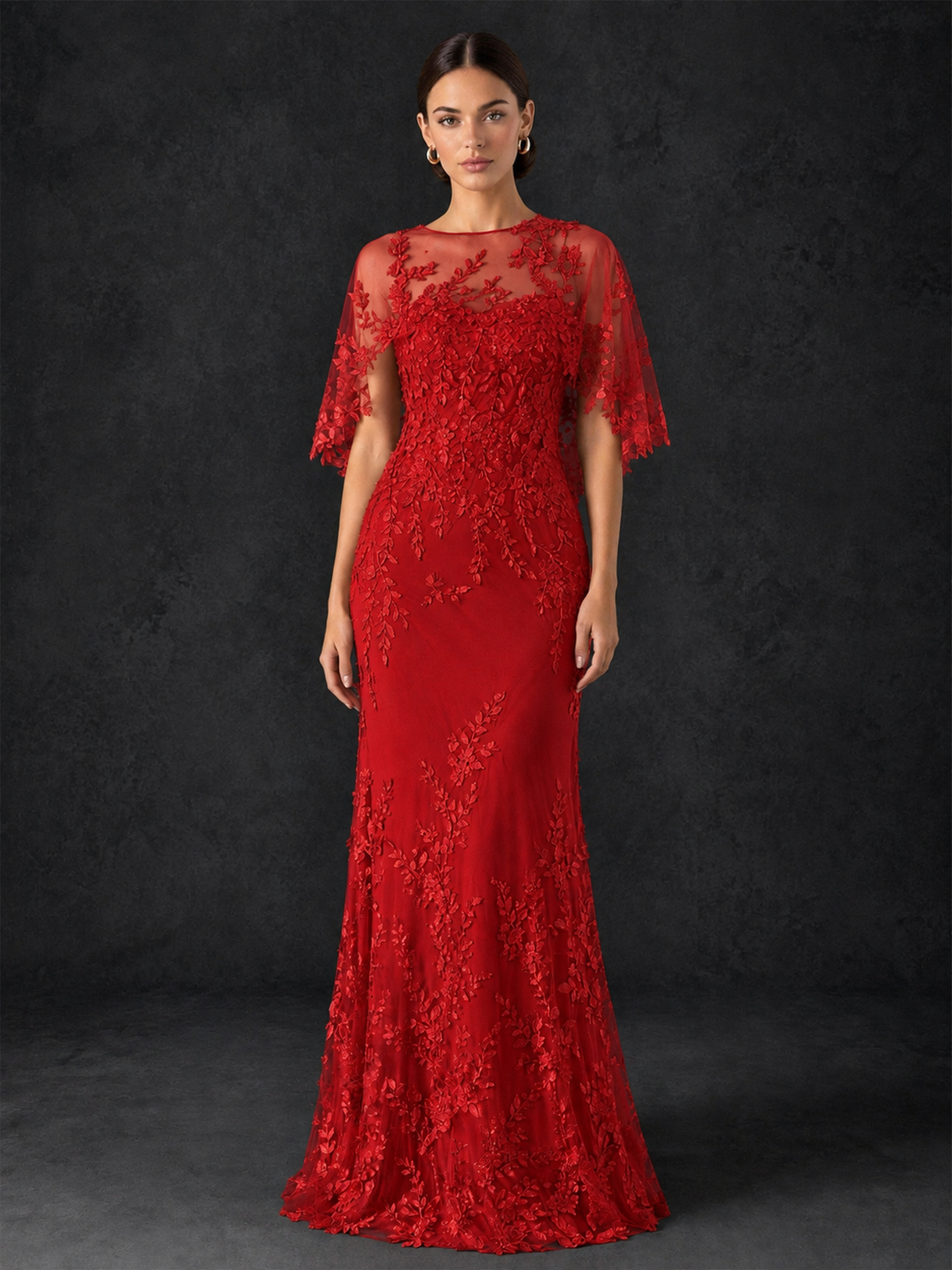 BOLODOO Mocha Red Botanical Lace Flutter Sleeve Mermaid Gown - Red