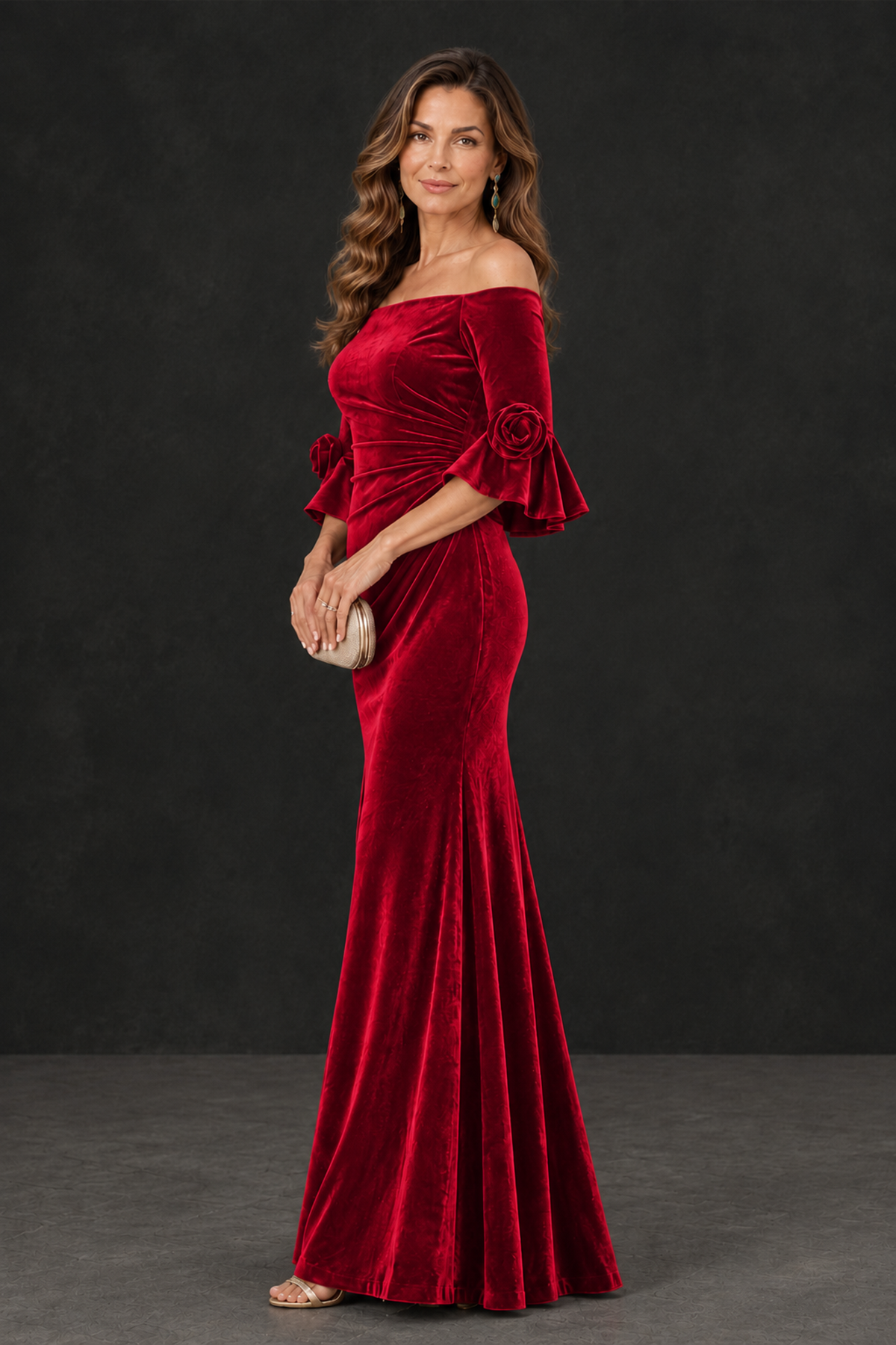 BOLODOO Red Velvet Mother of the Bride Dress with Rosette Sleeves - Red - Red_3