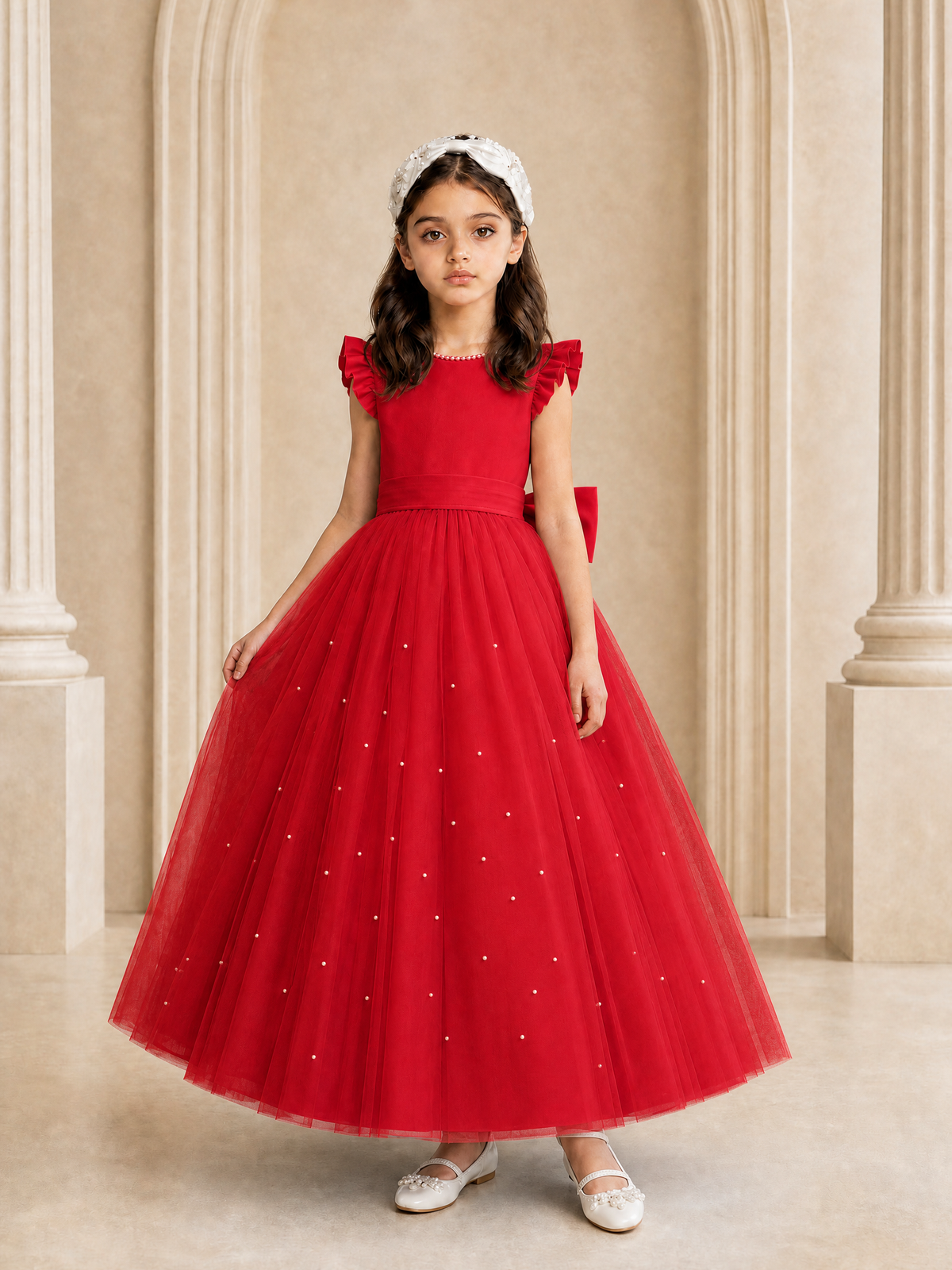 BOLODOO Red Tulle Flower Girl Dress with Ruffle Sleeves & Bow Back - Red - Red_3