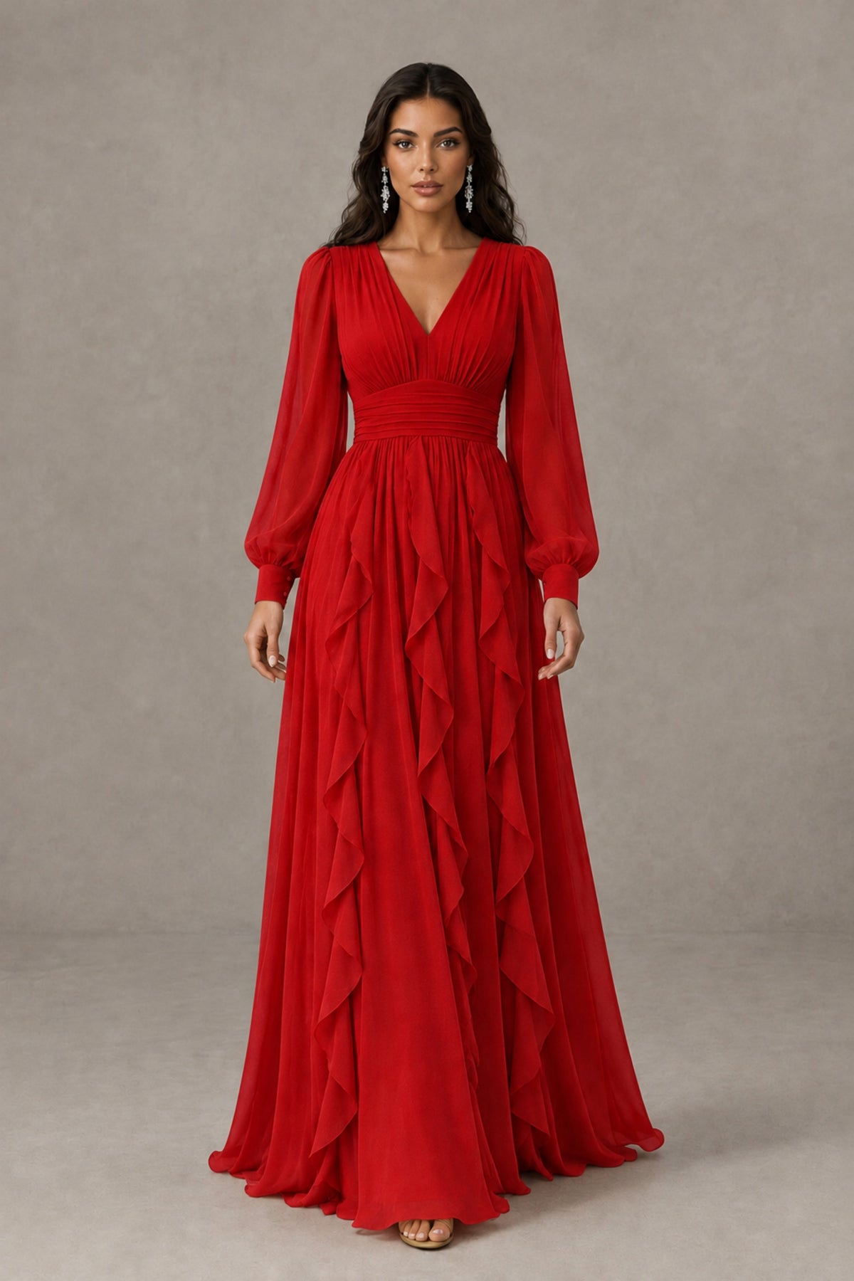 BOLODOO Red Long Sleeve V-Neck Ruffle Maxi Dress - Red