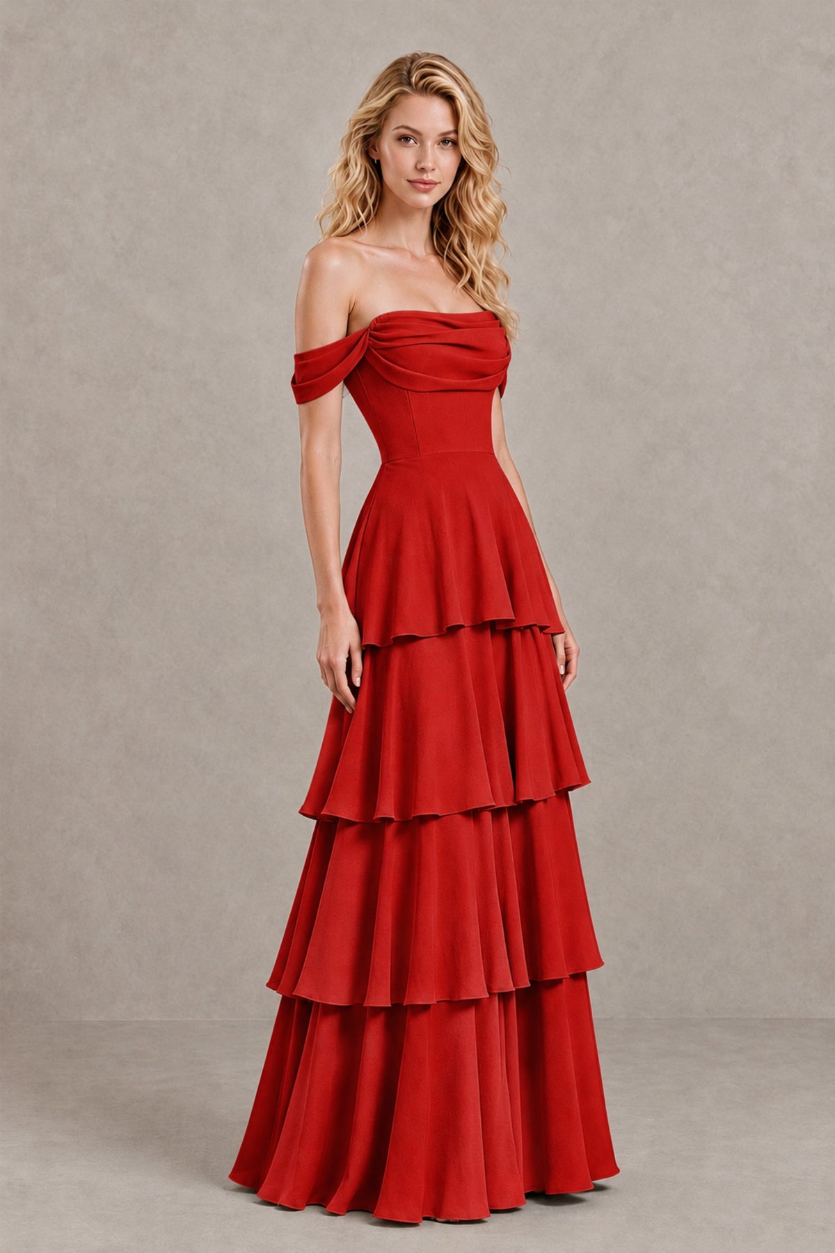 BOLODOO Red Off-the-Shoulder Tiered A-Line Evening Bridesmaid Dress - Red - Red_3