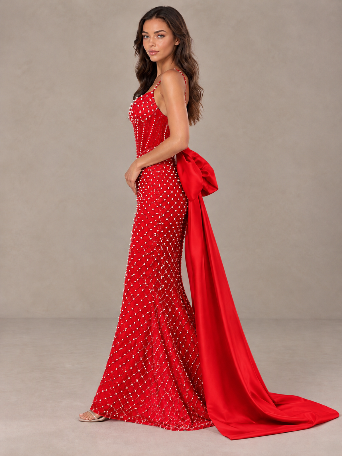BOLODOO Red Beaded Corset Prom Dress with Bow Train - Red - Red_3
