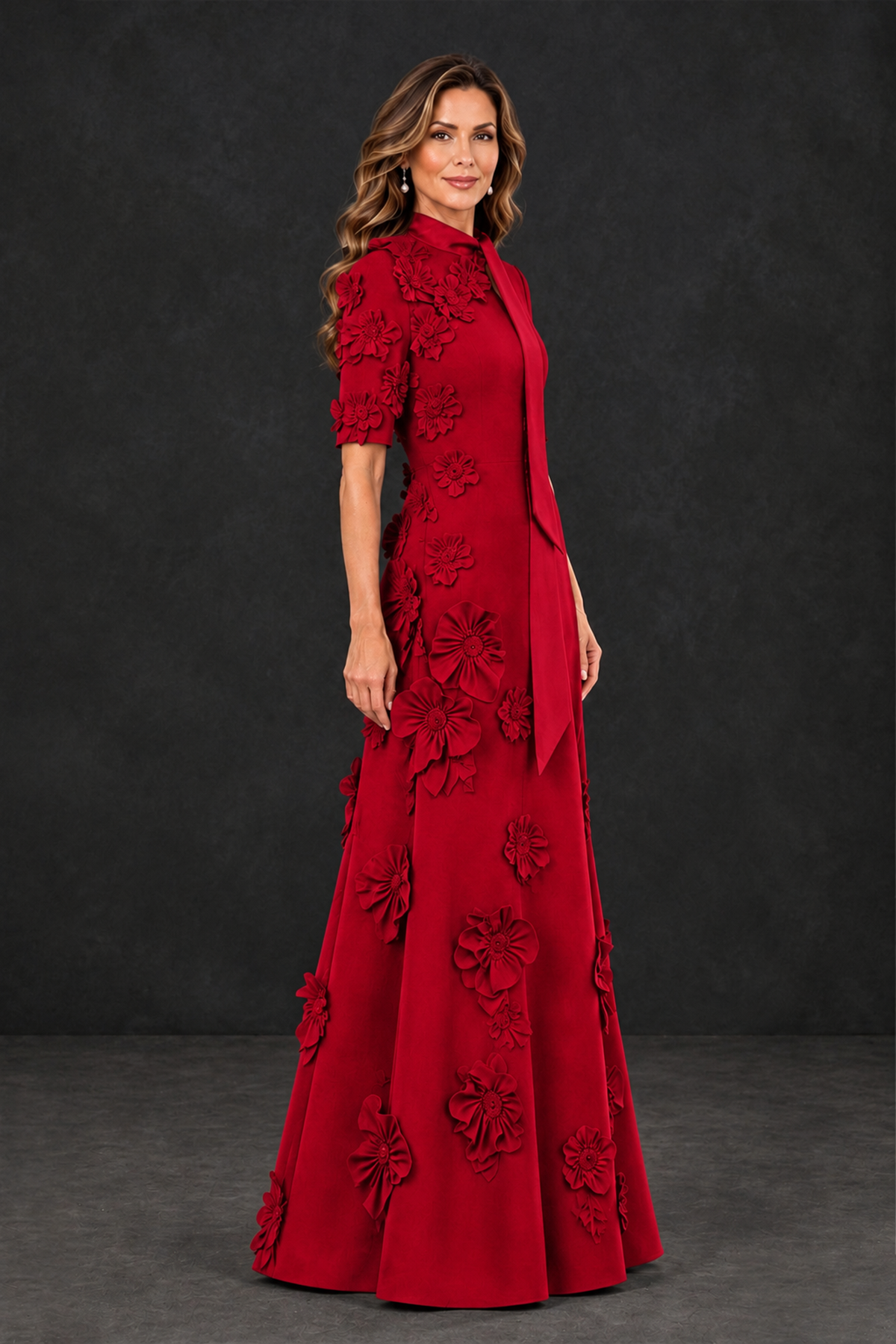 BOLODOO Red Floral Applique High-Neck Half-Sleeve Gown - Red - Red_3