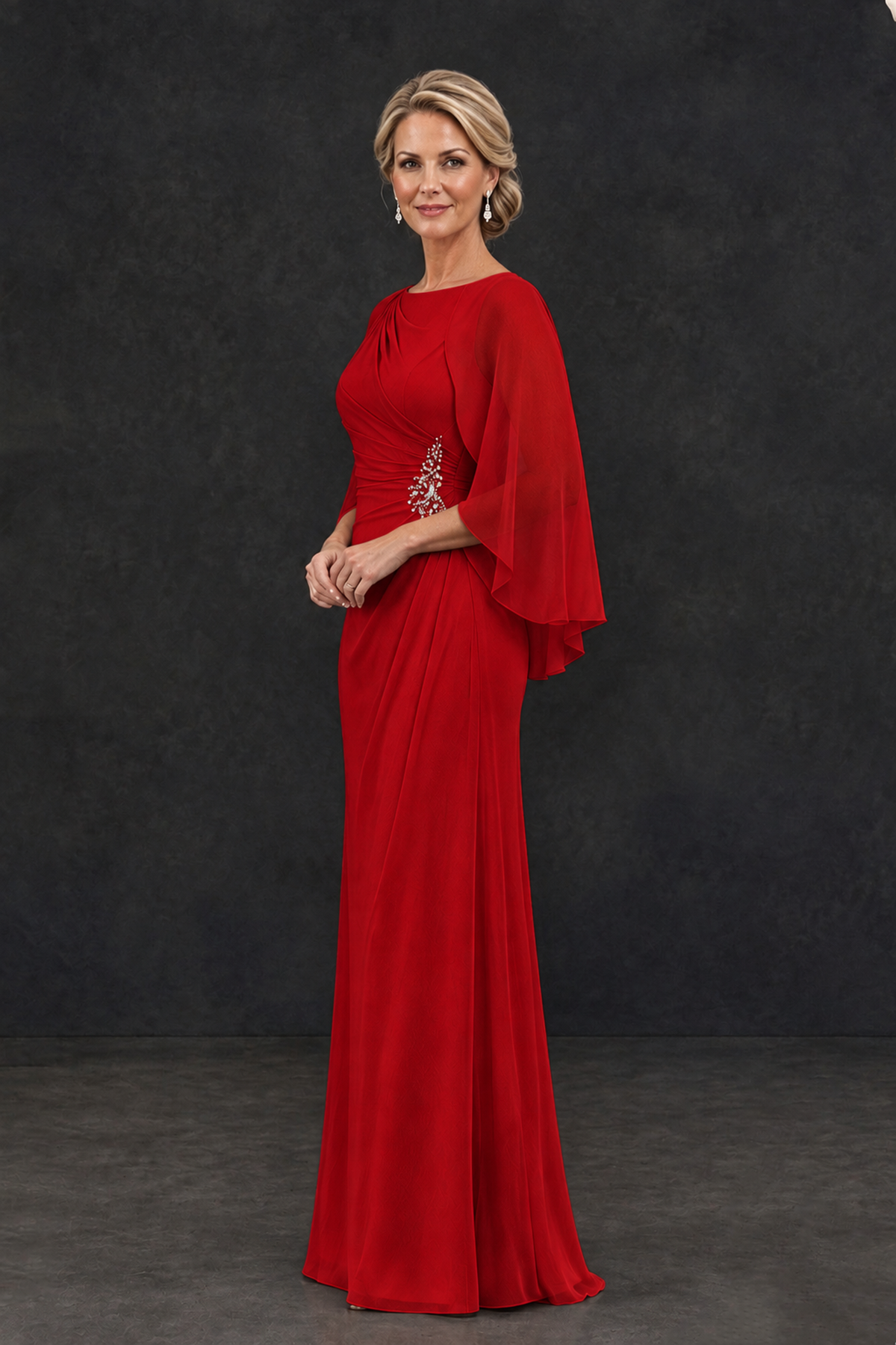 BOLODOO Red Cape Sleeve Mother of the Bride Dress with Ruched Waist - Red - Red_3