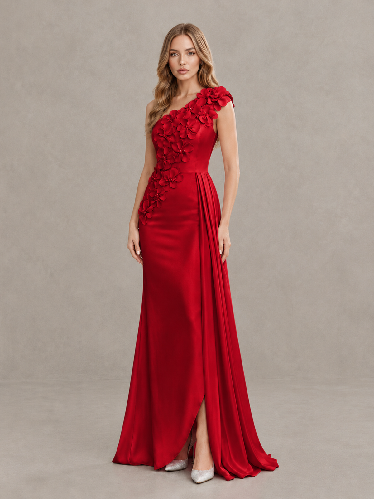 BOLODOO Red One-Shoulder Satin Mermaid Evening Gown with 3D Floral Appliqué - Red - Red_3