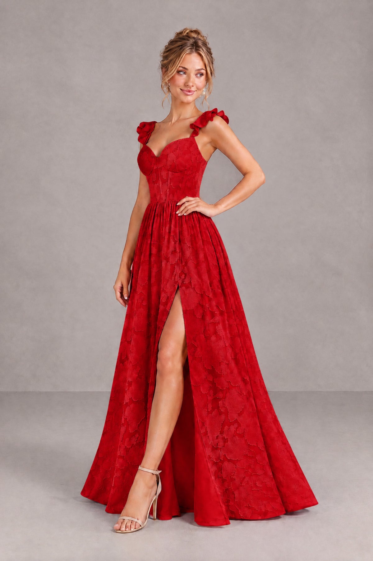 BOLODOO Red Floral A-Line Bridesmaid Dress with Slit Ruffle Straps Maxi Gown - Red - Red_3