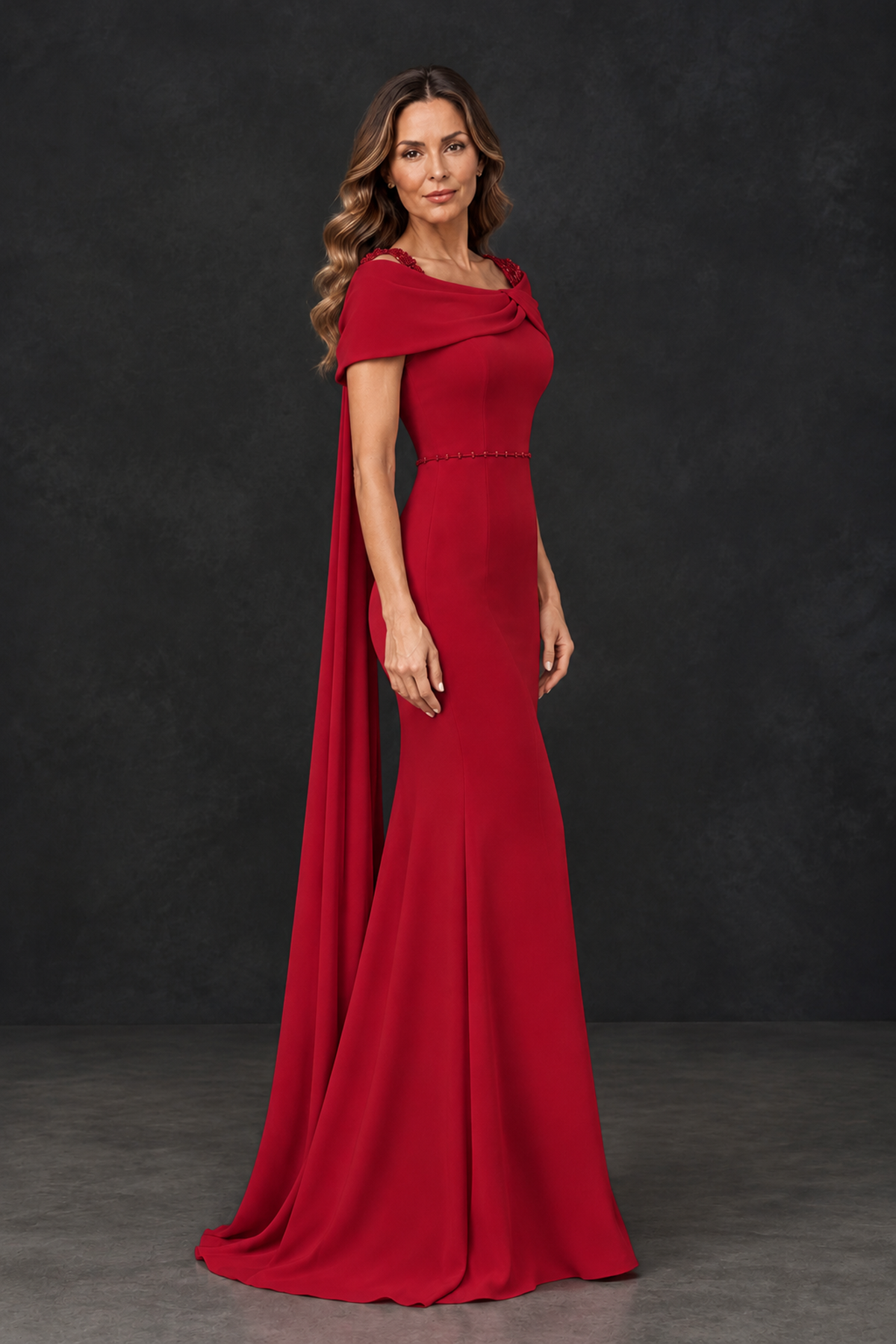 BOLODOO Red Mother of the Bride Dress with Draped Cape Detail - Red - Red_3