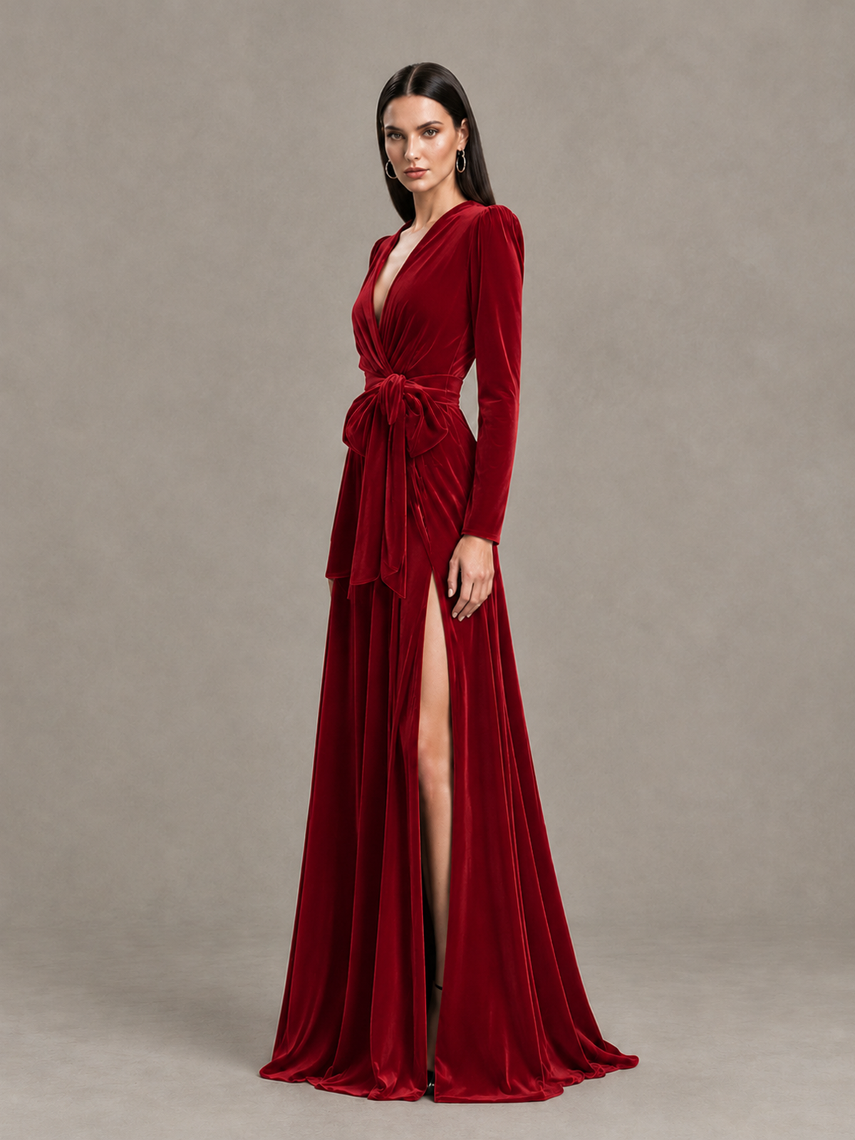 BOLODOO Red Long Sleeve Velvet-Look Evening Dress with High Slit - Red - Red_3