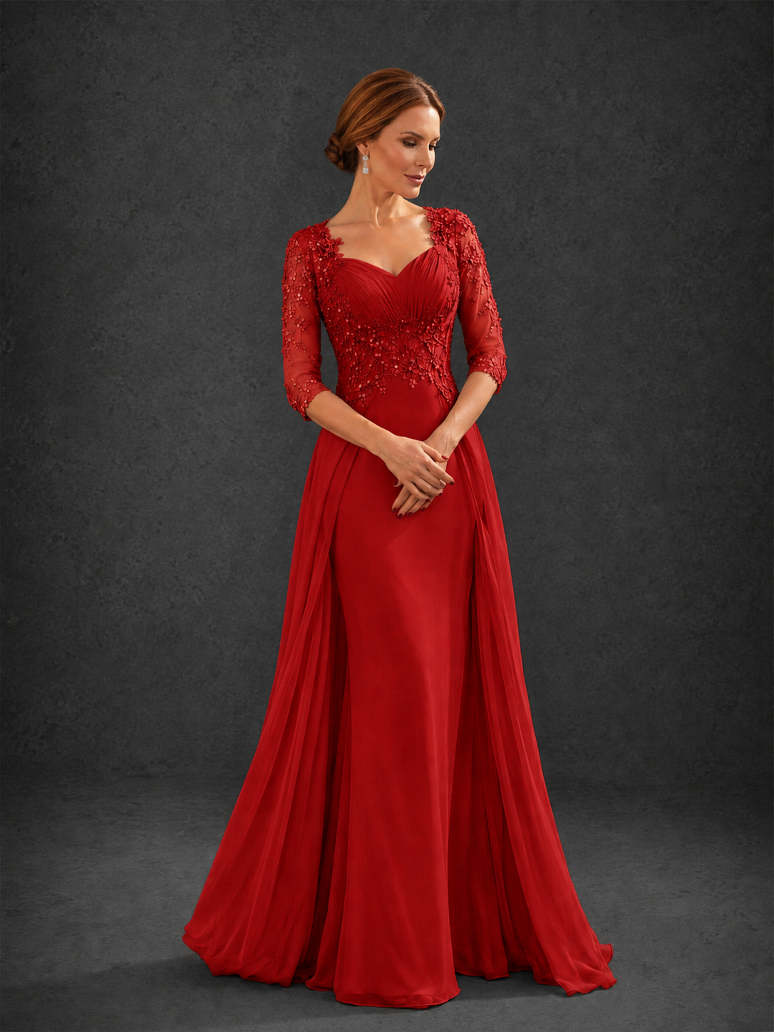BOLODOO Red Sweetheart Neck 3/4 Sleeve Floral Lace Illusion Bodice Chiffon A-Line Gown - Red