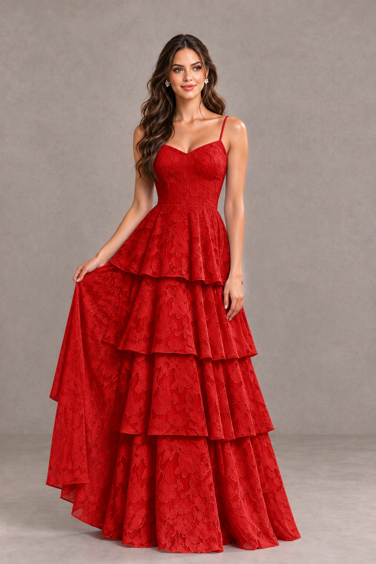 BOLODOO Red Tiered Floral-Textured Spaghetti Strap Maxi Dress - Red - Red_3