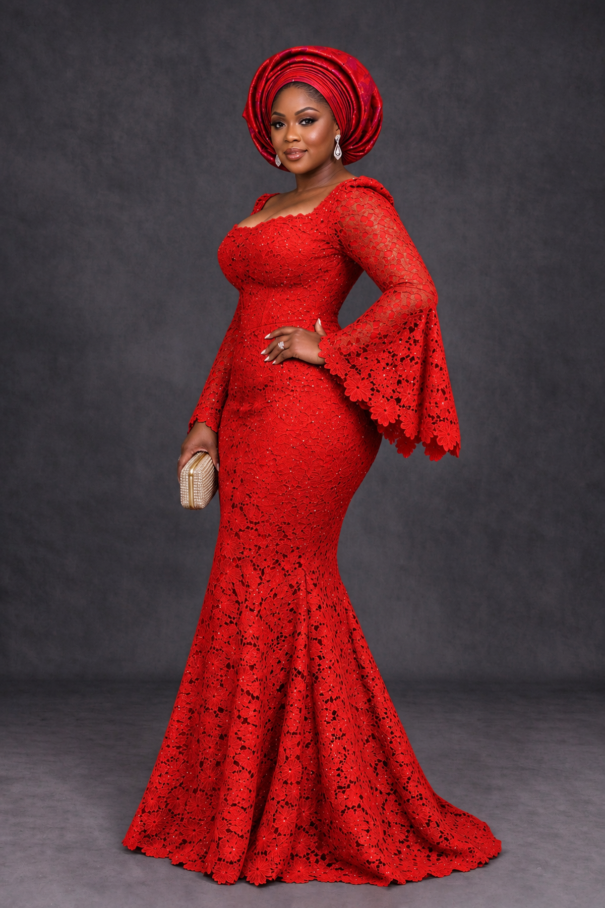 BOLODOO Red African Lace Mermaid Dress, Plus Size Nigerian Wedding Guest Gown with Bell Sleeves - Red - Red_3
