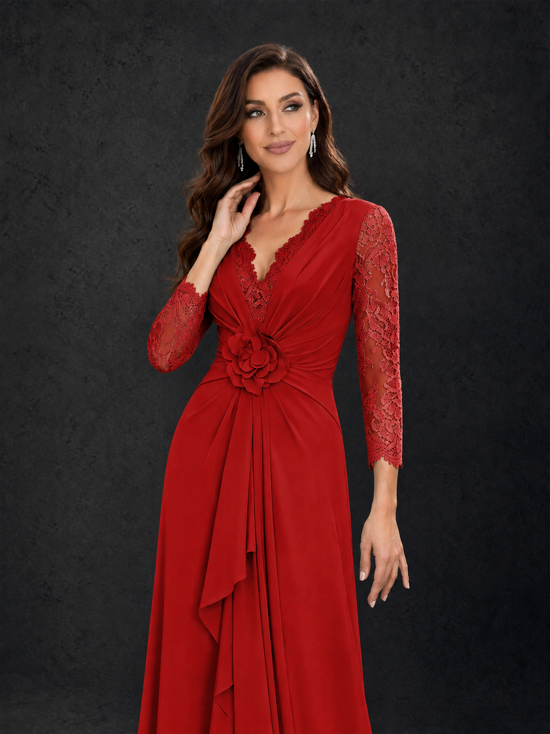 BOLODOO Red Lace Sleeve V-Neck Floral Waist Chiffon A-Line Maxi Dress - Red