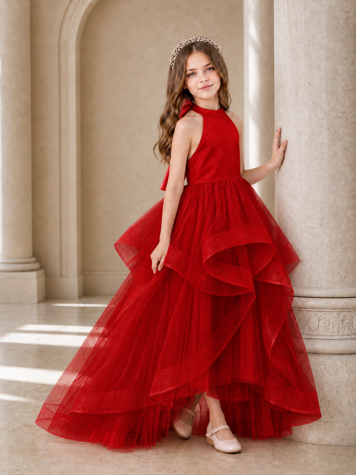BOLODOO Red Halter Tiered Tulle Flower Girl Dress with Bow Back - Red - Red_3
