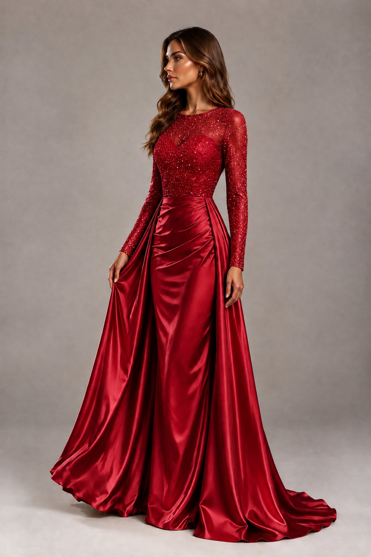 BOLODOO Red Long Sleeve Embellished Satin Evening Gown with Sweep Train - Red - Red_3