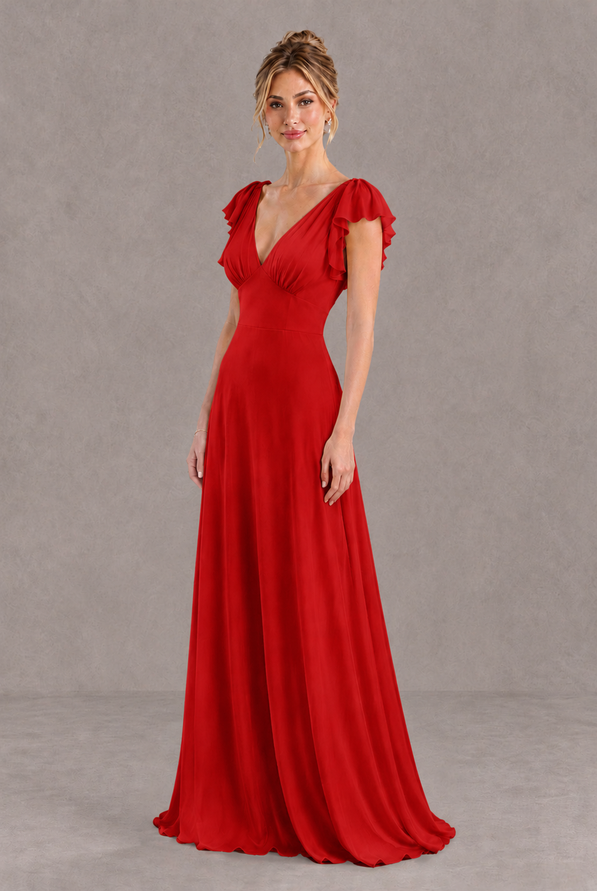 BOLODOO Red V-Neck Flutter Sleeve A-Line Bridesmaid Dress - Red - Red_3