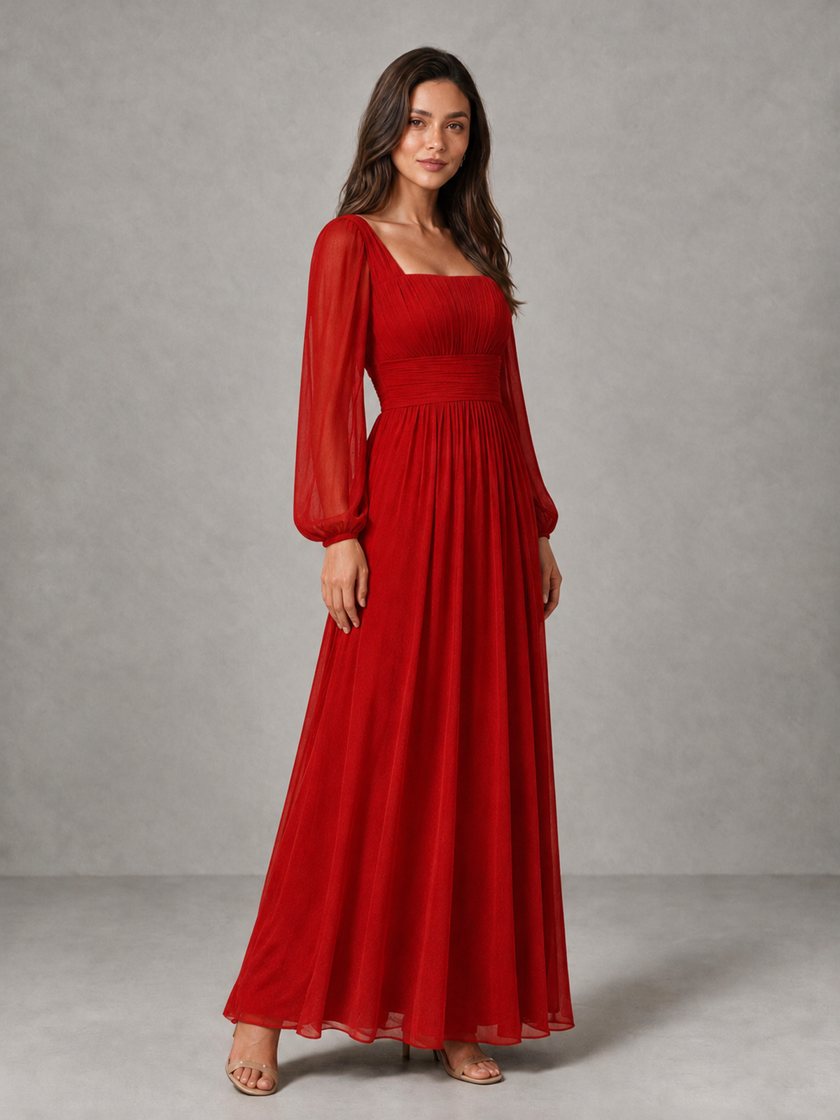 BOLODOO Red Square Neck Long Sleeve Chiffon Bridesmaid Dress - Red - Red_3