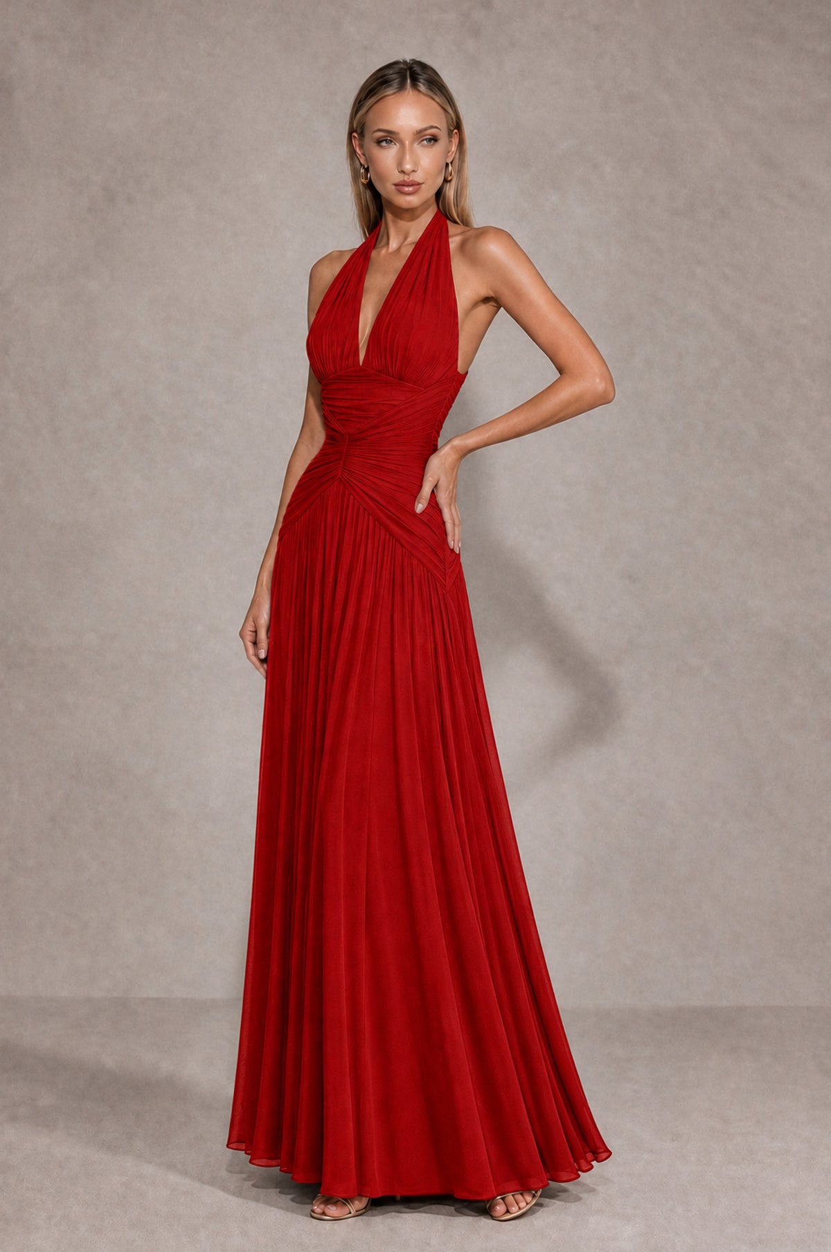 BOLODOO Red Chiffon Halter Deep V-Neck Ruched A-Line Backless Maxi Dress with Train-BD0167 - Red - Red_3