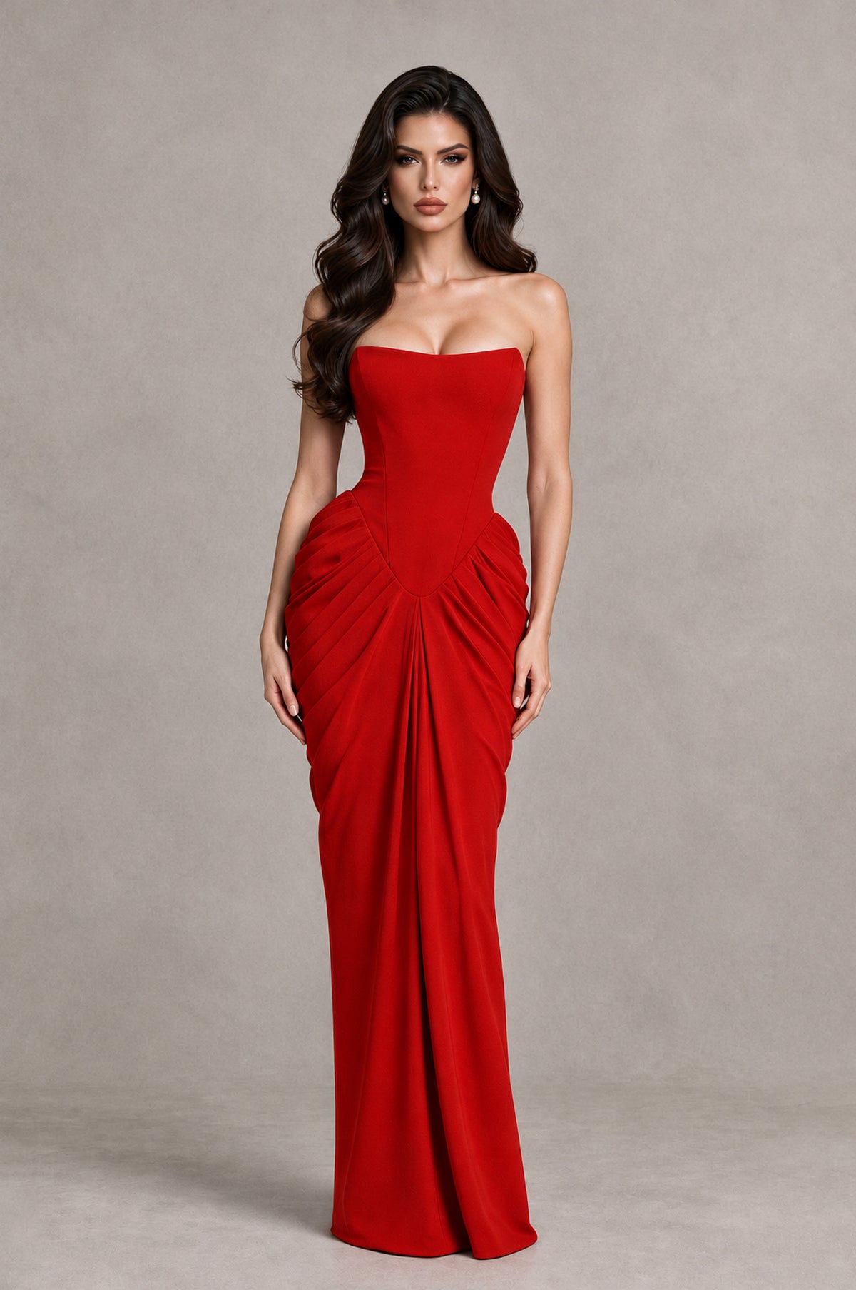 BOLODOO Red Strapless Ruched Corset Evening Gown - Red - Red_3