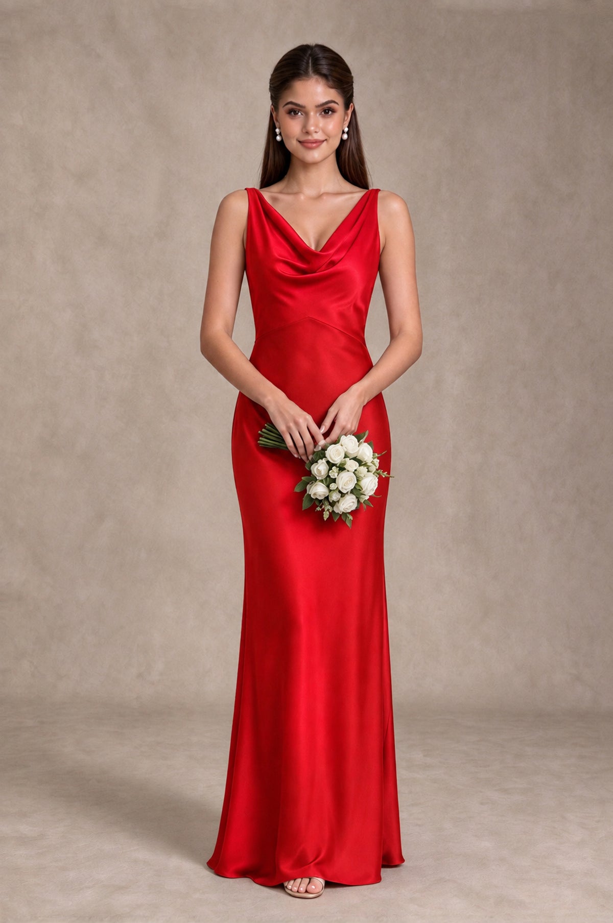 BOLODOO Red Cowl Neck Open Back Satin Bridesmaid Dress - Red - Red_3