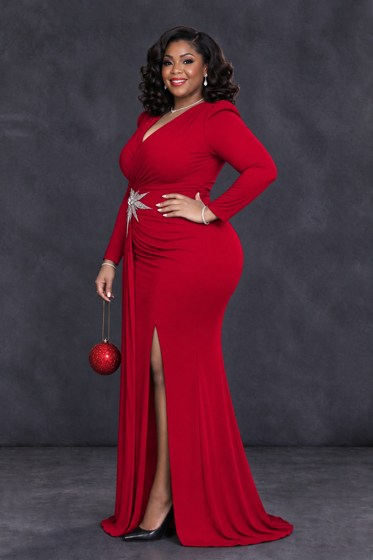 BOLODOO Red Plus Size Long Sleeve V-Neck Mother of the Bride Dress with Slit - Red - Red_3