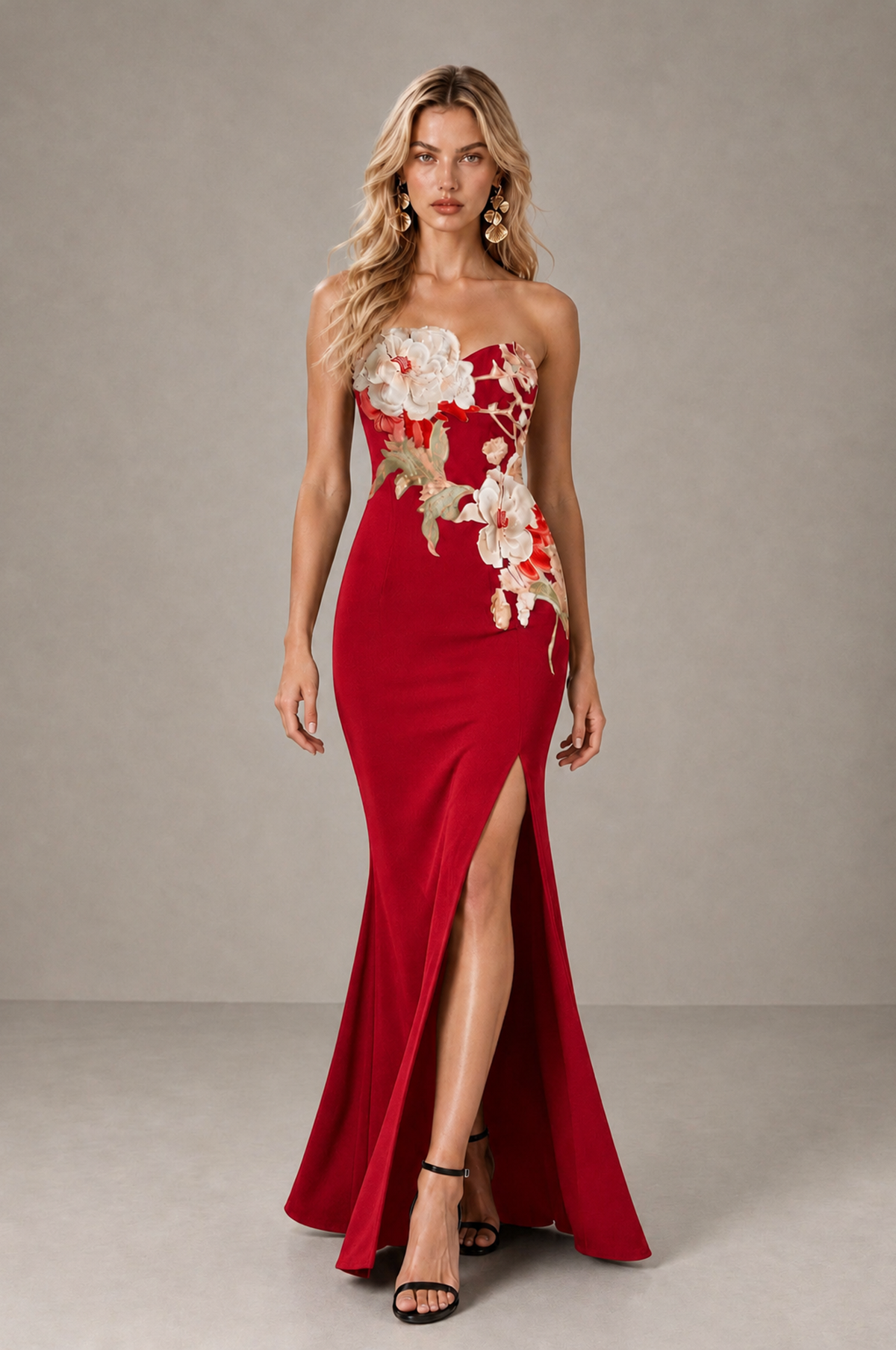 BOLODOO Red Strapless Floral Mermaid Evening Dress with Slit - Red - Red_3