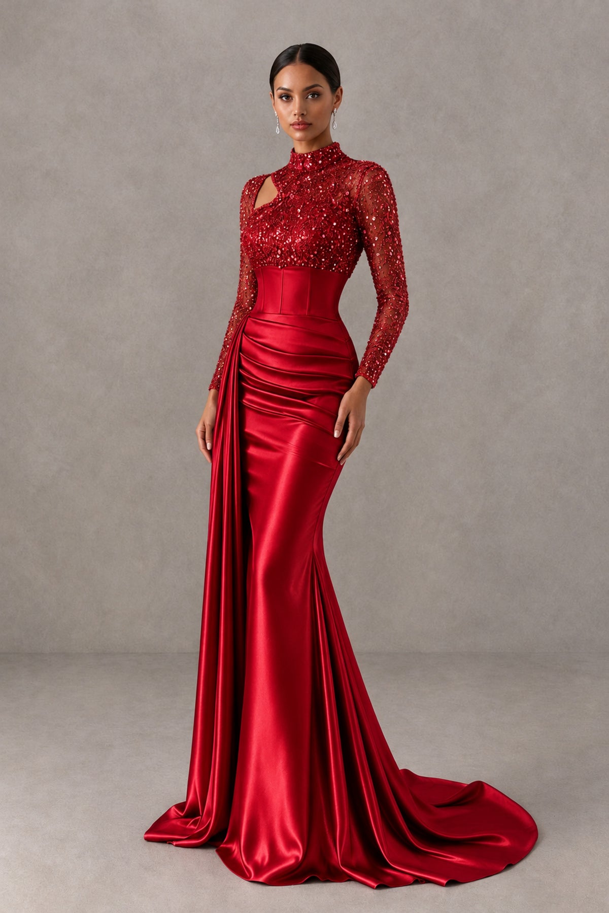 BOLODOO Red Long Sleeve Embellished Satin Mermaid Evening Gown - Red - Red_3