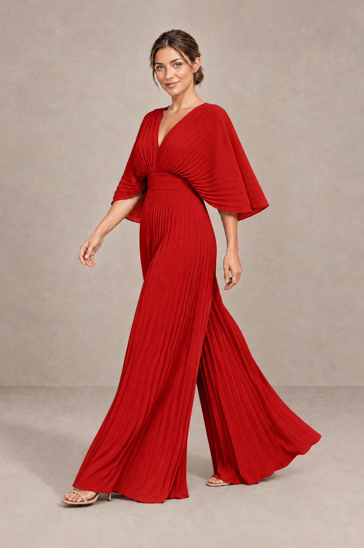 BOLODOO Red Pleated Wide-Leg Mother of Bride Pantsuit with V-Neck Chiffon Maxi Gown - Red - Red_3
