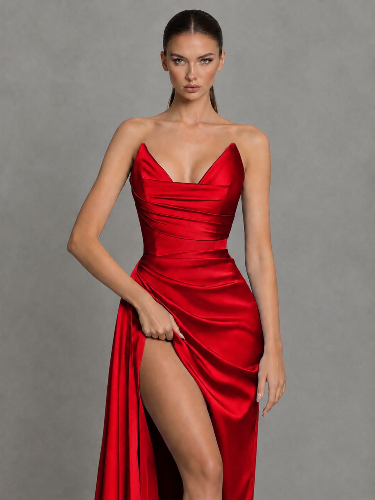 BOLODOO Red Strapless Satin High-Slit Lace-Up Prom Dress - Red - Red_3