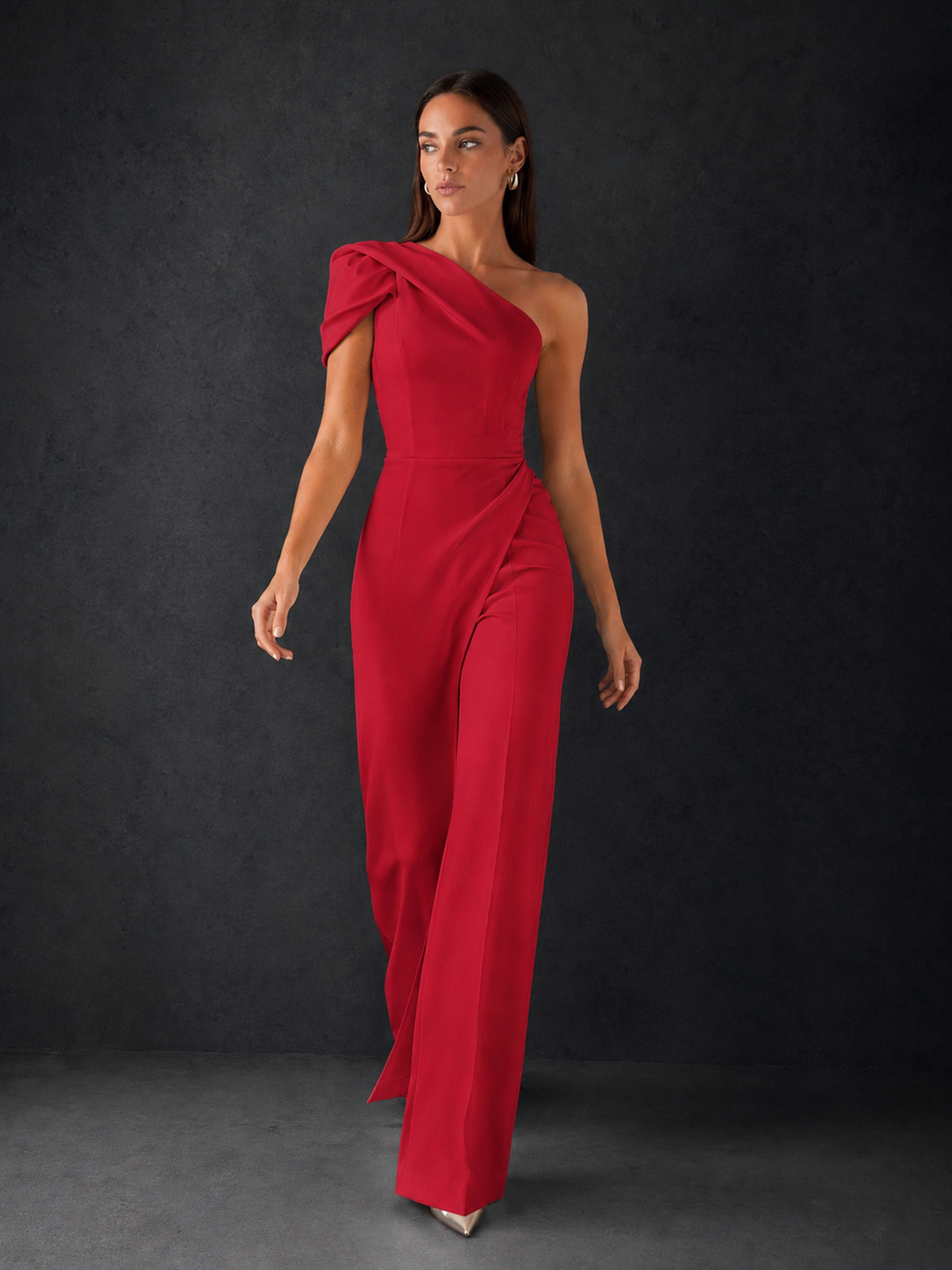 BOLODOO Red One-Shoulder Puff Sleeve Wide-Leg Jumpsuit with Front Slit and Open Back - Red