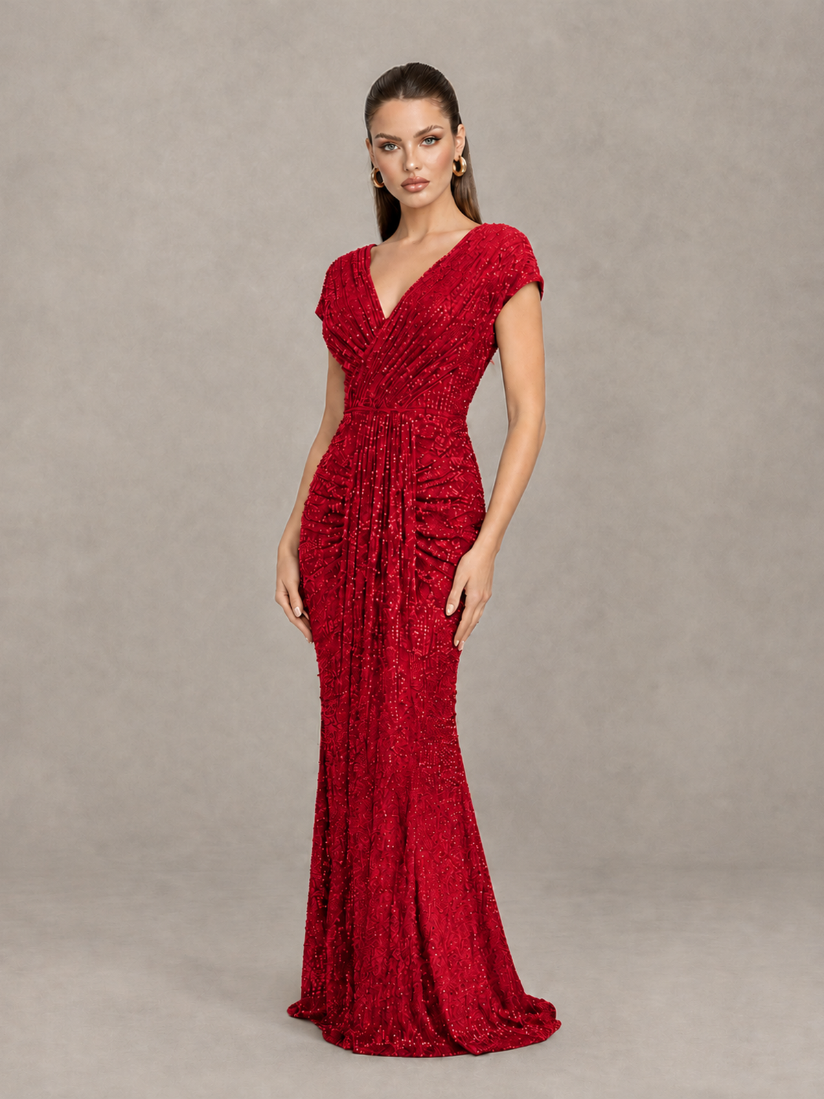 BOLODOO Red Glitter V-Neck Cap Sleeve Ruched Mermaid Evening Gown - Red - Red_3