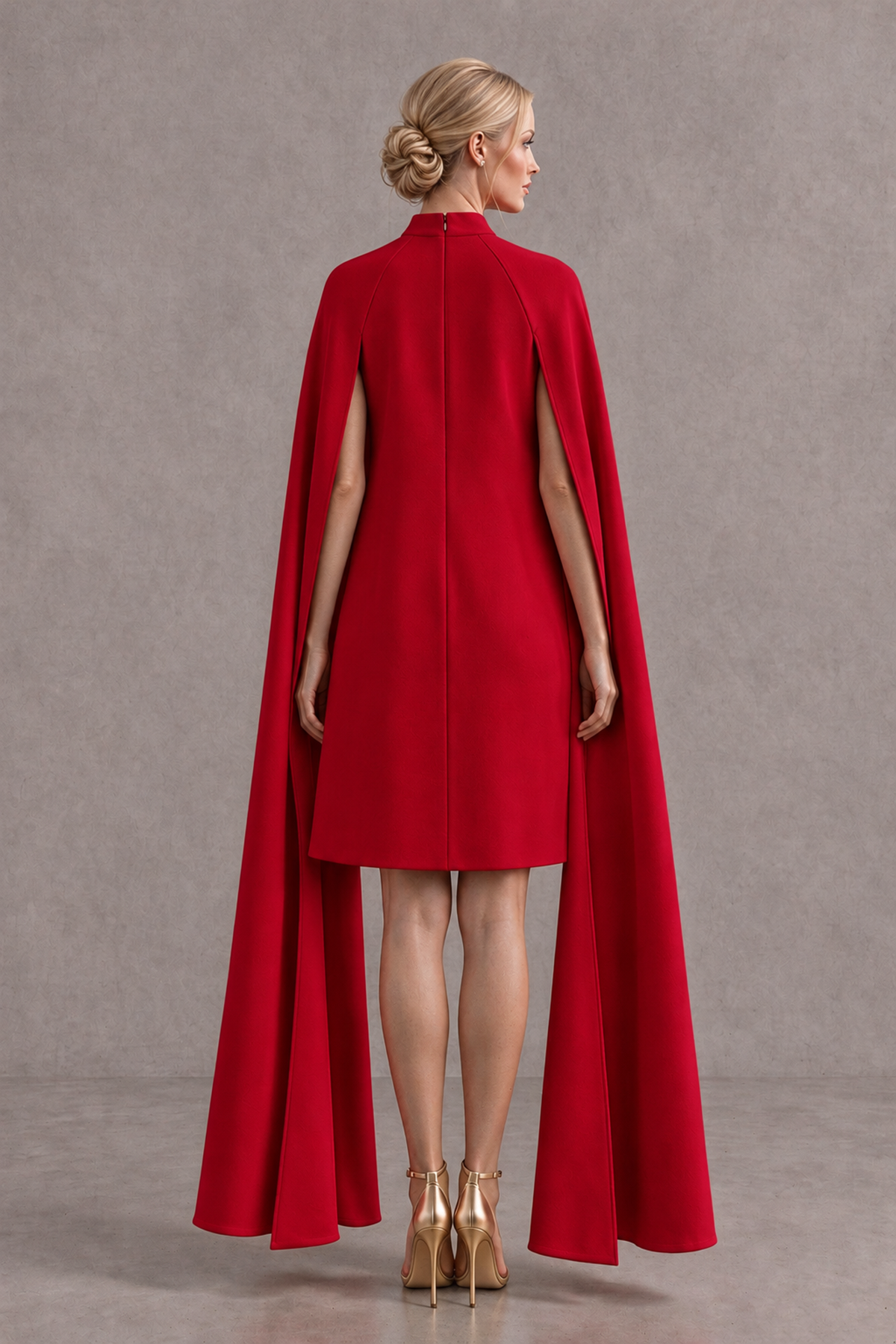 BOLODOO Red High Neck Floral Cape Mini Cocktail Dress - Red - Red_3