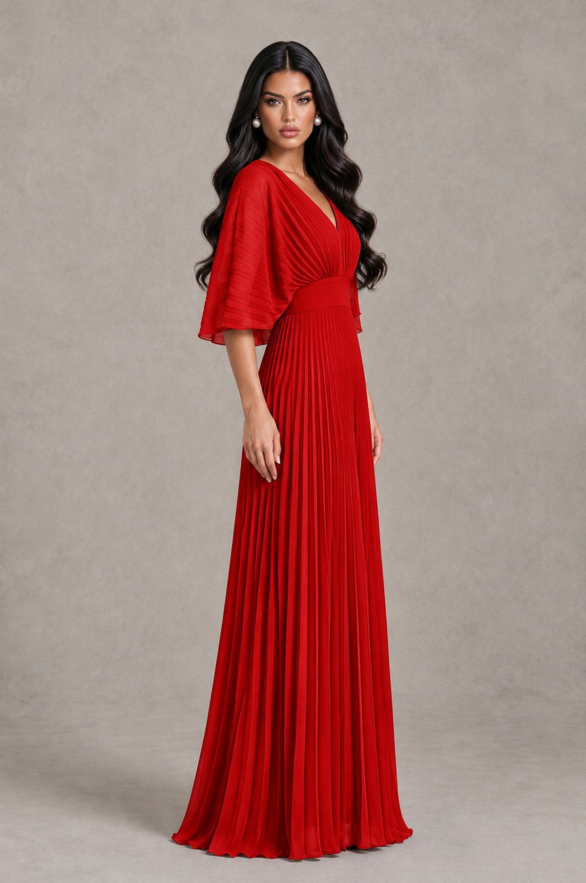 BOLODOO Red V-Neck Pleated Flutter Sleeve Formal Dress - Red - Red_3