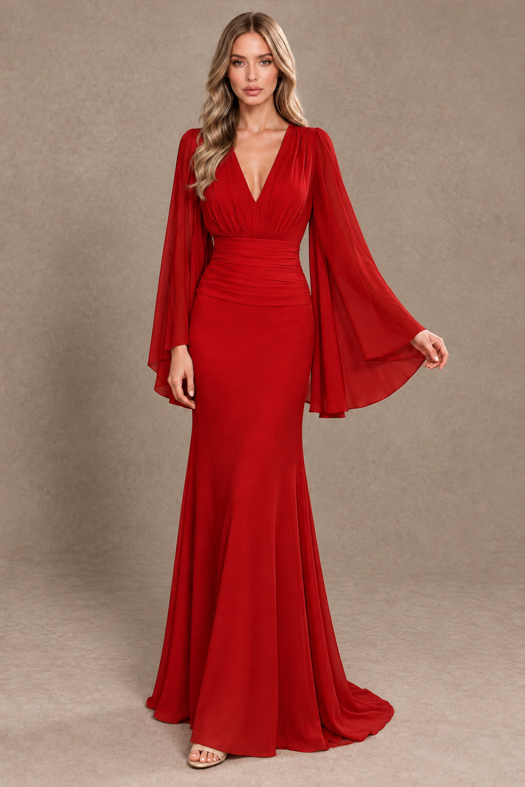 BOLODOO Red Cape Sleeve V-Neck Ruched Chiffon Evening Dress - Red - Red_3