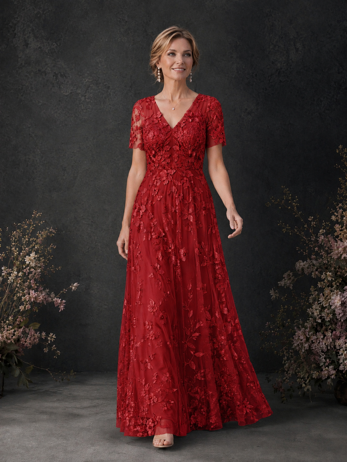 BOLODOO Red 3D Floral Embroidered Lace V-Neck Short Sleeve A-Line Maxi Dress - Red