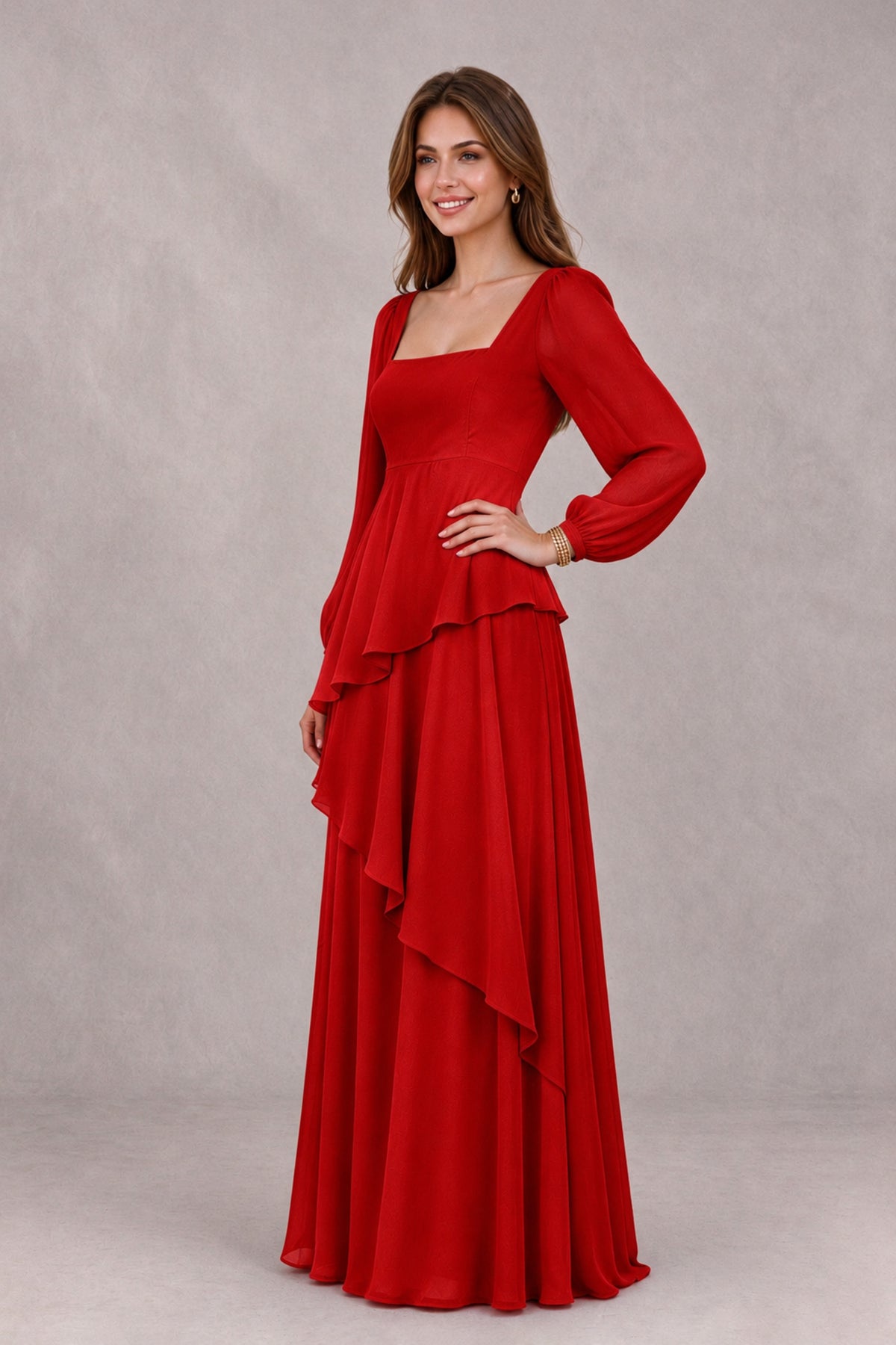 BOLODOO Red Long Sleeve Ruffle Bridesmaid Dresses - Red - Red_3