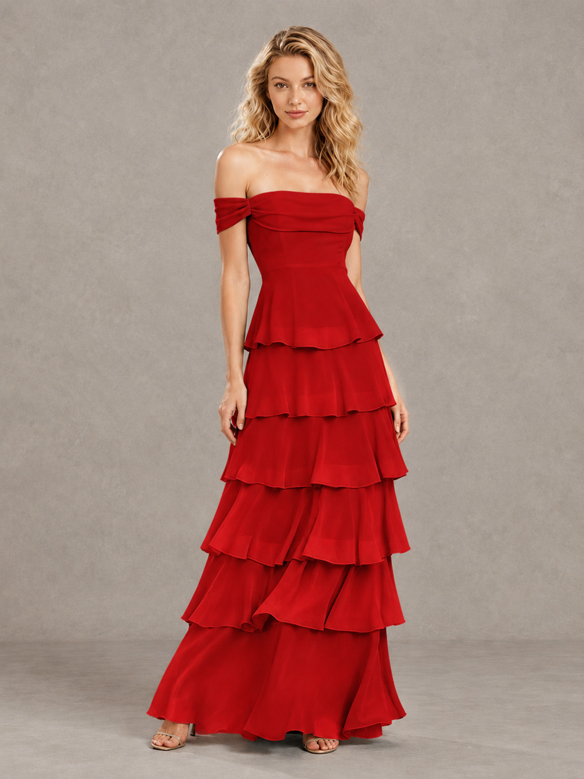 BOLODOO Red Off-Shoulder Tiered Ruffle Bridesmaid Dress with Lace-Up Back - Red - Red_3