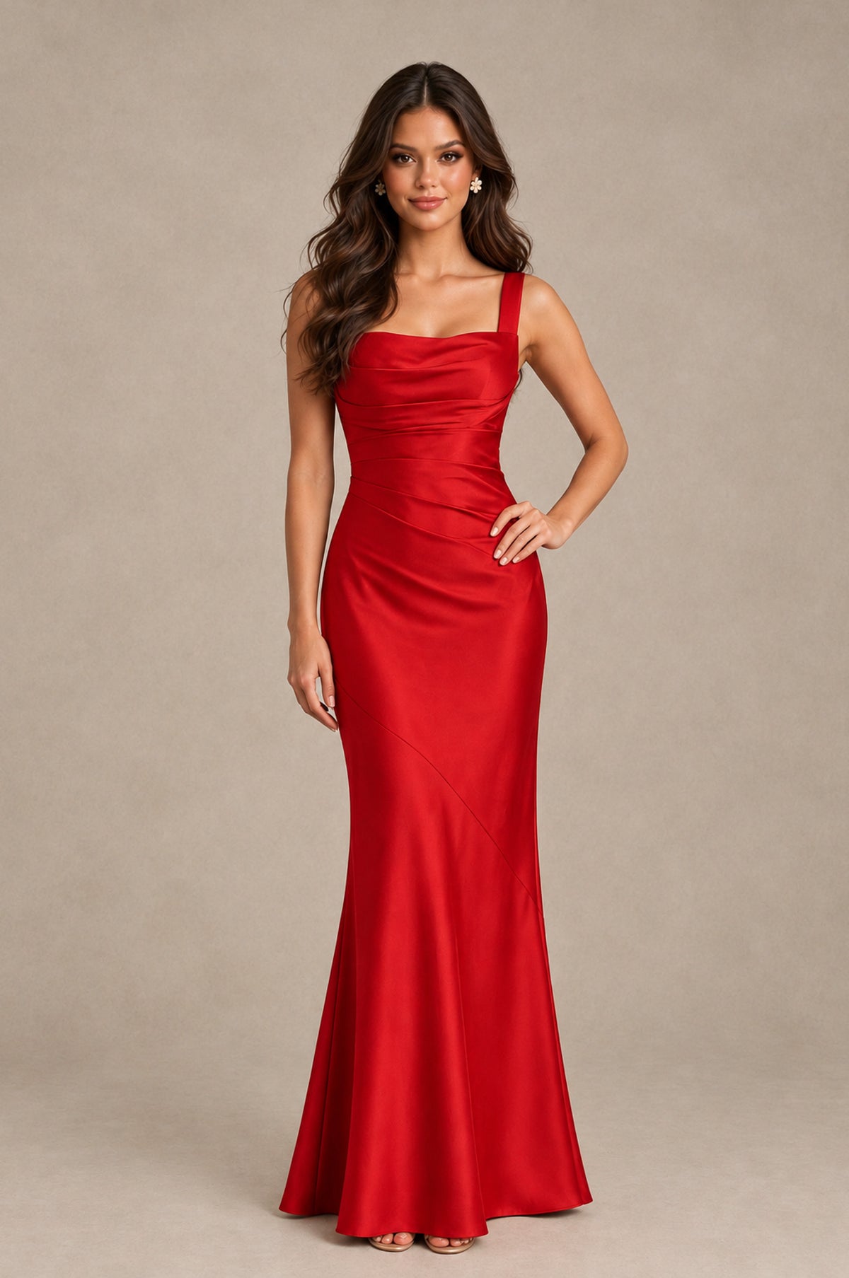 BOLODOO Red Square Neck Ruched Satin Lace-Up Bridesmaid Dress - Red - Red_3