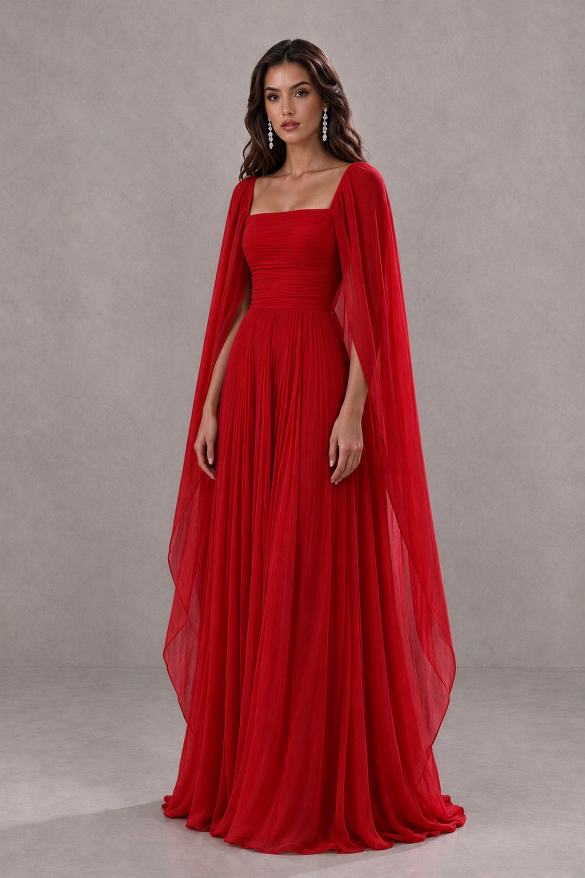 BOLODOO Red Square Neck Cape Sleeve A-Line Evening Dress - Red - Red_3