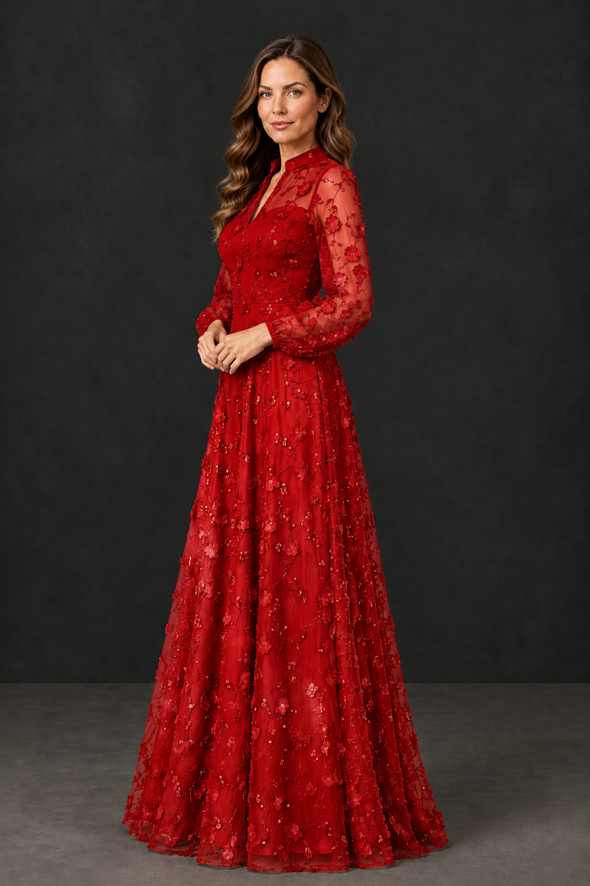 BOLODOO Red Long Sleeve Floral Mother of the Bride Dress - Red - Red_3