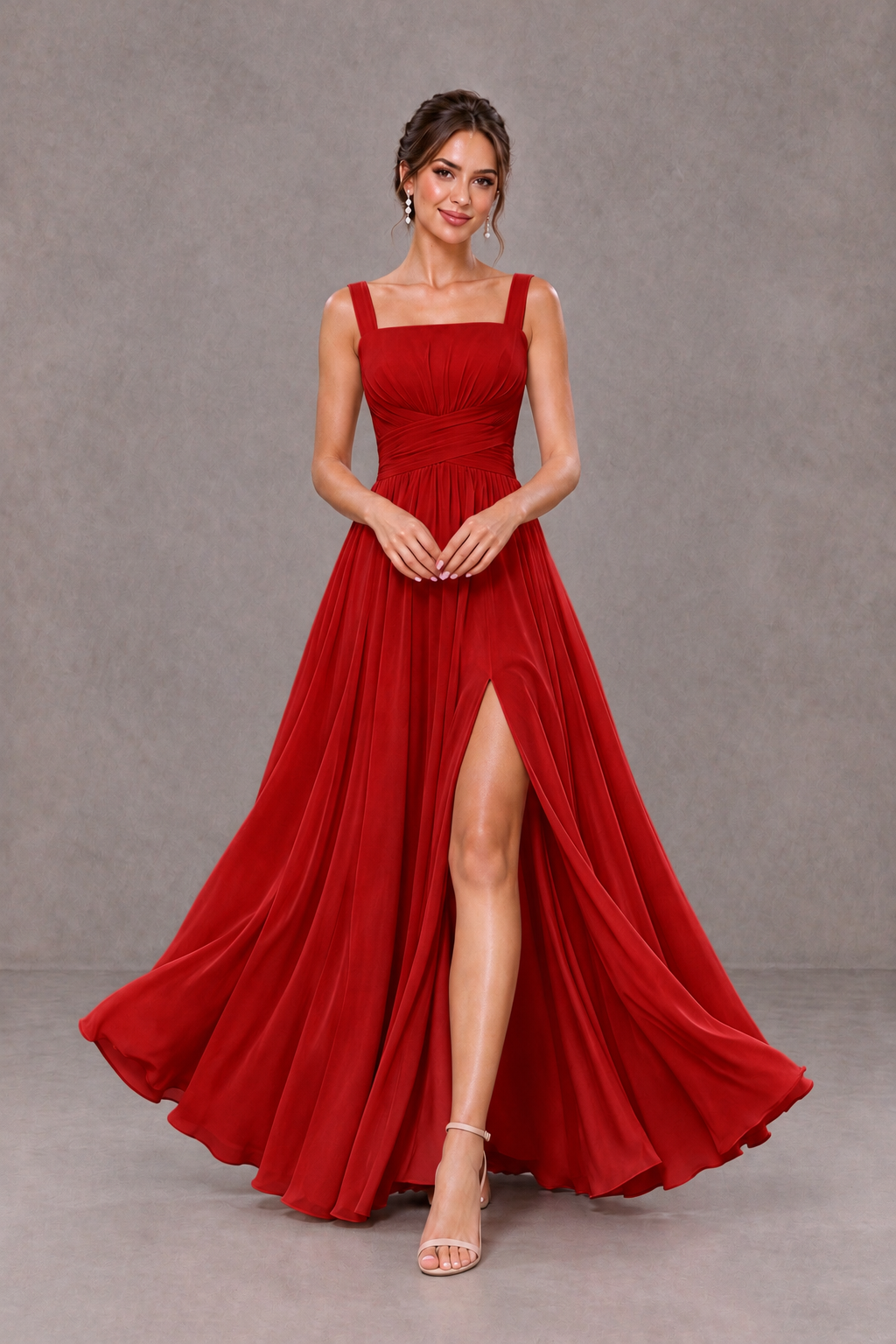BOLODOO Red Square Neck A-Line Bridesmaid Dress with Slit - Red - Red_3
